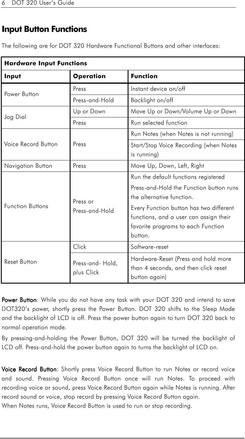 6    DOT 320 User’s Guide  Input Button Functions The following are for DOT 320 Hardware Functional Buttons and other interfaces:  Power ButtonPower ButtonPower ButtonPower Button: While you do not have any task with your DOT 320 and intend to save DOT320’s power, shortly press the Power Button. DOT 320 shifts to the Sleep Mode and the backlight of LCD is off. Press the power button again to turn DOT 320 back to normal operation mode.   By pressing-and-holding the Power Button, DOT 320 will be turned the backlight of LCD off. Press-and-hold the power button again to turns the backlight of LCD on.  Voice Record ButtonVoice Record ButtonVoice Record ButtonVoice Record Button: Shortly press Voice Record Button to run Notes or record voice and sound. Pressing Voice Record Button once will run Notes. To proceed with recording voice or sound, press Voice Record Button again while Notes is running. After record sound or voice, stop record by pressing Voice Record Button again.   When Notes runs, Voice Record Button is used to run or stop recording.  Hardware Input Functions Input Operation Function Press  Instant device on/off Power Button  Press-and-Hold Backlight on/off Up or Down  Move Up or Down/Volume Up or Down Jog Dial  Press  Run selected function Run Notes (when Notes is not running) Voice Record Button  Press  Start/Stop Voice Recording (when Notes is running) Navigation Button  Press  Move Up, Down, Left, Right Function Buttons  Press or   Press-and-Hold Run the default functions registered Press-and-Hold the Function button runs the alternative function. Every Function button has two different functions, and a user can assign their favorite programs to each Function button. Click Software-reset Reset Button  Press-and- Hold, plus Click Hardware-Reset (Press and hold more than 4 seconds, and then click reset button again) 