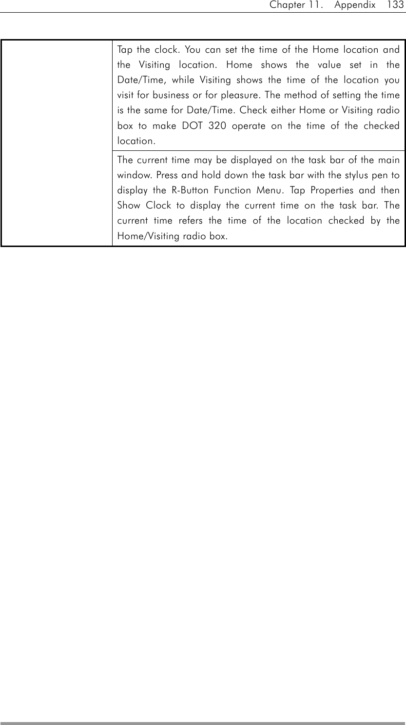 Chapter 11.  Appendix  133  Tap the clock. You can set the time of the Home location and the Visiting location. Home shows the value set in the Date/Time, while Visiting shows the time of the location you visit for business or for pleasure. The method of setting the time is the same for Date/Time. Check either Home or Visiting radio box to make DOT 320 operate on the time of the checked location.  The current time may be displayed on the task bar of the main window. Press and hold down the task bar with the stylus pen to display the R-Button Function Menu. Tap Properties and then Show Clock to display the current time on the task bar. The current time refers the time of the location checked by the Home/Visiting radio box.  