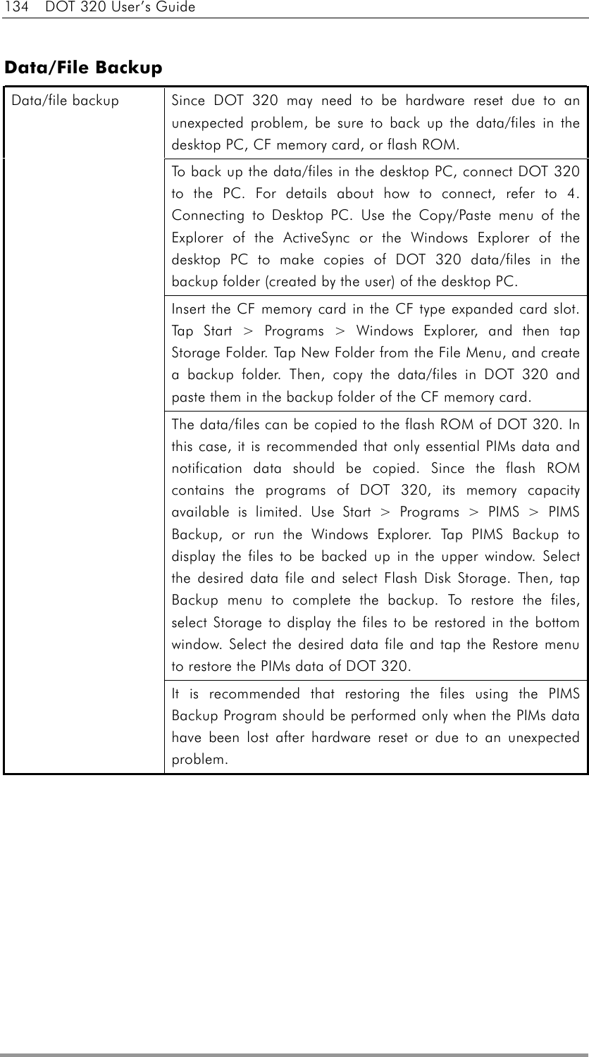 134  DOT 320 User’s Guide  Data/File Backup Since DOT 320 may need to be hardware reset due to an unexpected problem, be sure to back up the data/files in the desktop PC, CF memory card, or flash ROM. To back up the data/files in the desktop PC, connect DOT 320 to the PC. For details about how to connect, refer to 4. Connecting to Desktop PC. Use the Copy/Paste menu of the Explorer of the ActiveSync or the Windows Explorer of the desktop PC to make copies of DOT 320 data/files in the backup folder (created by the user) of the desktop PC. Insert the CF memory card in the CF type expanded card slot. Tap Start &gt; Programs &gt; Windows Explorer, and then tap Storage Folder. Tap New Folder from the File Menu, and create a backup folder. Then, copy the data/files in DOT 320 and paste them in the backup folder of the CF memory card. The data/files can be copied to the flash ROM of DOT 320. In this case, it is recommended that only essential PIMs data and notification data should be copied. Since the flash ROM contains the programs of DOT 320, its memory capacity available is limited. Use Start &gt; Programs &gt; PIMS &gt; PIMS Backup, or run the Windows Explorer. Tap PIMS Backup to display the files to be backed up in the upper window. Select the desired data file and select Flash Disk Storage. Then, tap Backup menu to complete the backup. To restore the files, select Storage to display the files to be restored in the bottom window. Select the desired data file and tap the Restore menu to restore the PIMs data of DOT 320. Data/file backup It is recommended that restoring the files using the PIMS Backup Program should be performed only when the PIMs data have been lost after hardware reset or due to an unexpected problem.   