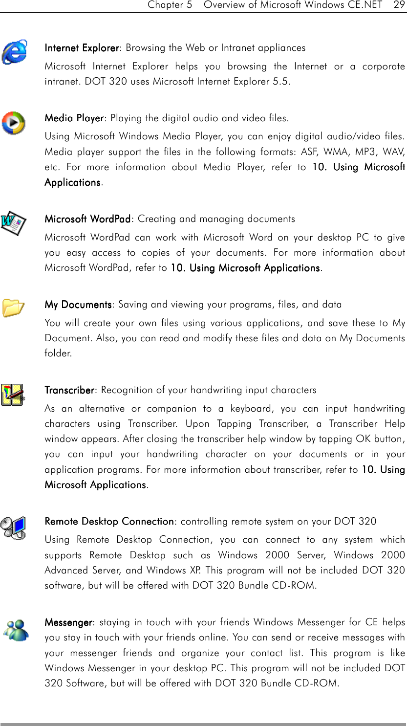 Chapter 5    Overview of Microsoft Windows CE.NET    29  Internet ExplorerInternet ExplorerInternet ExplorerInternet Explorer: Browsing the Web or Intranet appliances Microsoft Internet Explorer helps you browsing the Internet or a corporate intranet. DOT 320 uses Microsoft Internet Explorer 5.5.     Media PlayerMedia PlayerMedia PlayerMedia Player: Playing the digital audio and video files. Using Microsoft Windows Media Player, you can enjoy digital audio/video files. Media player support the files in the following formats: ASF, WMA, MP3, WAV, etc. For more information about Media Player, refer to 10. Using Microsoft 10. Using Microsoft 10. Using Microsoft 10. Using Microsoft ApplicationsApplicationsApplicationsApplications.  Microsoft WordPadMicrosoft WordPadMicrosoft WordPadMicrosoft WordPad: Creating and managing documents Microsoft WordPad can work with Microsoft Word on your desktop PC to give you easy access to copies of your documents. For more information about Microsoft WordPad, refer to 10. Using Microsoft Applications10. Using Microsoft Applications10. Using Microsoft Applications10. Using Microsoft Applications.  My DocumentsMy DocumentsMy DocumentsMy Documents: Saving and viewing your programs, files, and data You will create your own files using various applications, and save these to My Document. Also, you can read and modify these files and data on My Documents folder.  TranscriberTranscriberTranscriberTranscriber: Recognition of your handwriting input characters As an alternative or companion to a keyboard, you can input handwriting characters using Transcriber. Upon Tapping Transcriber, a Transcriber Help window appears. After closing the transcriber help window by tapping OK button, you can input your handwriting character on your documents or in your application programs. For more information about transcriber, refer to 10. Using 10. Using 10. Using 10. Using Microsoft ApplicationsMicrosoft ApplicationsMicrosoft ApplicationsMicrosoft Applications.  Remote Desktop ConnectionRemote Desktop ConnectionRemote Desktop ConnectionRemote Desktop Connection: controlling remote system on your DOT 320 Using Remote Desktop Connection, you can connect to any system which supports Remote Desktop such as Windows 2000 Server, Windows 2000 Advanced Server, and Windows XP. This program will not be included DOT 320 software, but will be offered with DOT 320 Bundle CD-ROM.  MessengerMessengerMessengerMessenger: staying in touch with your friends Windows Messenger for CE helps you stay in touch with your friends online. You can send or receive messages with your messenger friends and organize your contact list. This program is like Windows Messenger in your desktop PC. This program will not be included DOT 320 Software, but will be offered with DOT 320 Bundle CD-ROM.  