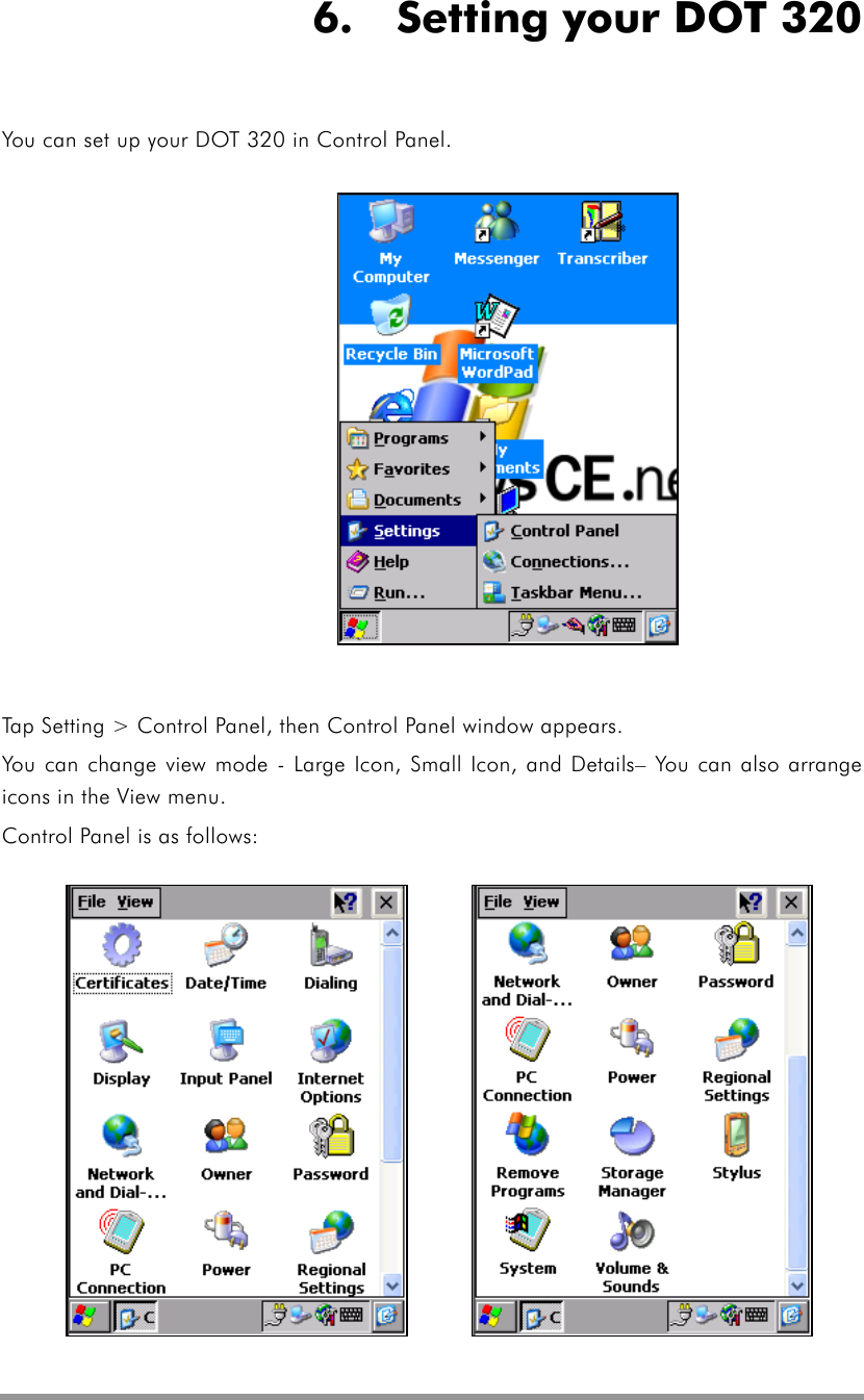   6.    Setting your DOT 320 You can set up your DOT 320 in Control Panel.               Tap Setting &gt; Control Panel, then Control Panel window appears. You can change view mode - Large Icon, Small Icon, and Details– You can also arrange icons in the View menu. Control Panel is as follows:              