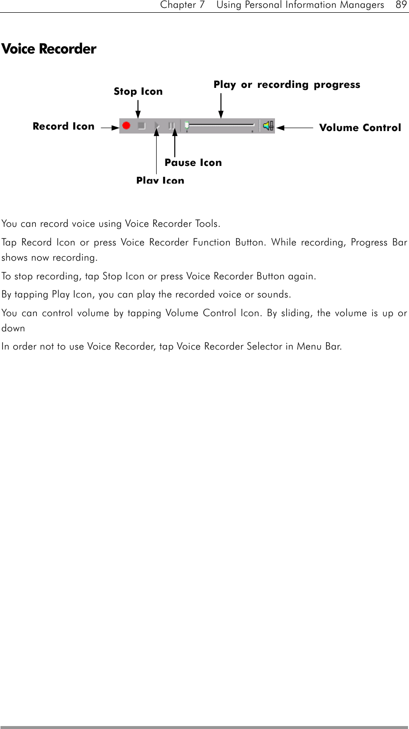 Chapter 7    Using Personal Information Managers    89  Voice Recorder         You can record voice using Voice Recorder Tools. Tap Record Icon or press Voice Recorder Function Button. While recording, Progress Bar shows now recording.   To stop recording, tap Stop Icon or press Voice Recorder Button again. By tapping Play Icon, you can play the recorded voice or sounds. You can control volume by tapping Volume Control Icon. By sliding, the volume is up or down In order not to use Voice Recorder, tap Voice Recorder Selector in Menu Bar.  Record Icon Stop Icon Play IconPause Icon Play or recording progressVolume Control 