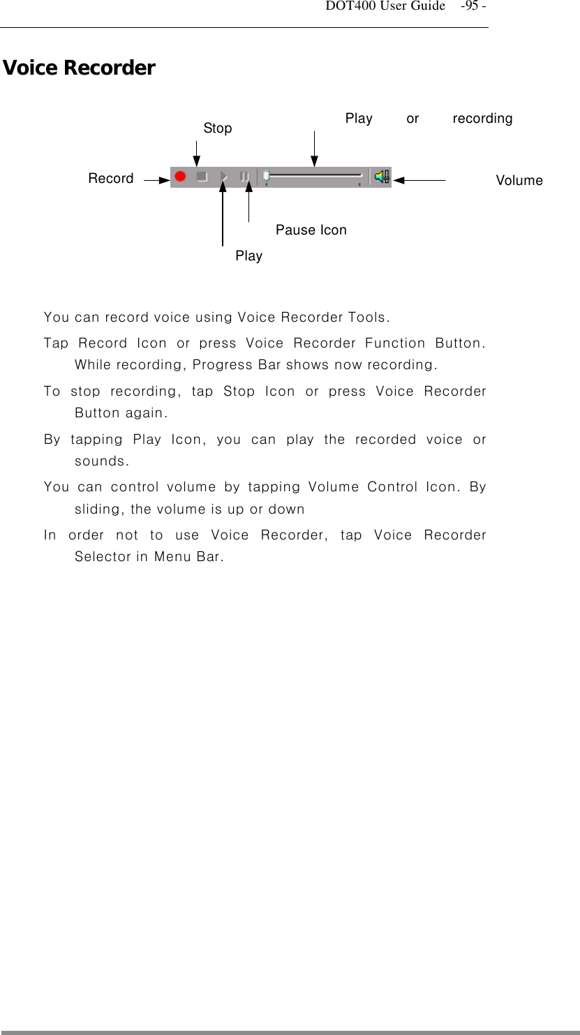   DOT400 User Guide    -95 - Voice Recorder  Record Stop  Play or recording  Volume   Pause Icon  Play   You can record voice using Voice Recorder Tools. Tap Record Icon or press Voice Recorder Function Button. While recording, Progress Bar shows now recording.   To stop recording, tap Stop Icon or press Voice Recorder Button again. By tapping Play Icon, you can play the recorded voice or sounds. You can control volume by tapping Volume Control Icon. By sliding, the volume is up or down In order not to use Voice Recorder, tap Voice Recorder Selector in Menu Bar.   