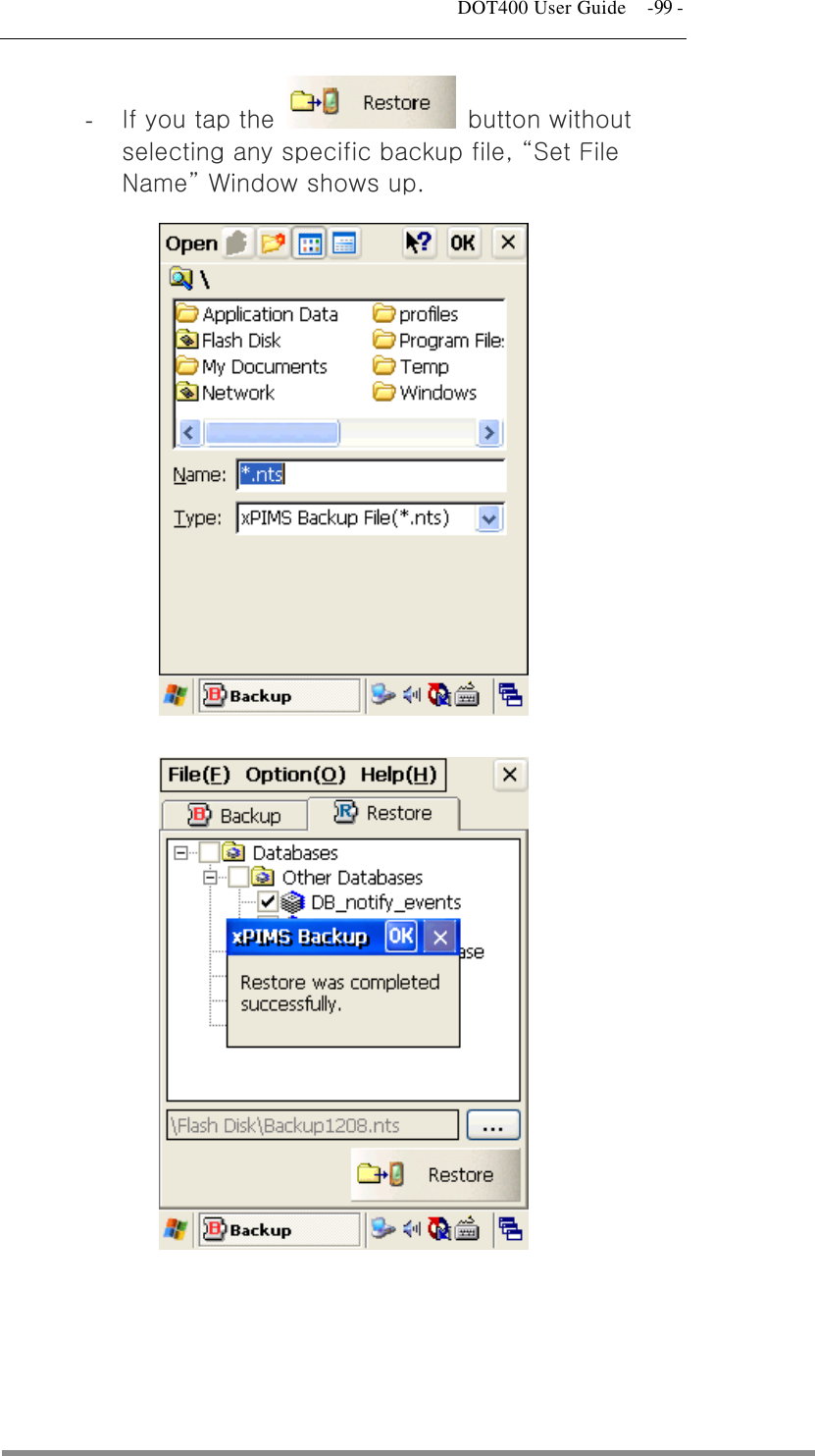   DOT400 User Guide    -99 - -  If you tap the   button without selecting any specific backup file, “Set File Name” Window shows up.                     