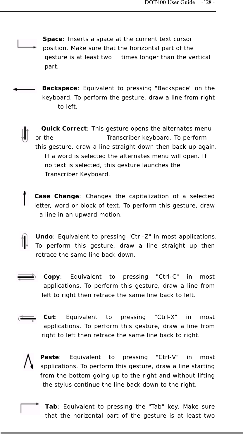   DOT400 User Guide  -128 -  Space: Inserts a space at the current text cursor position. Make sure that the horizontal part of the gesture is at least two   times longer than the vertical part.  Backspace: Equivalent to pressing &quot;Backspace&quot; on the keyboard. To perform the gesture, draw a line from right to left.    Quick Correct: This gesture opens the alternates menu or the                 Transcriber keyboard. To perform this gesture, draw a line straight down then back up again. If a word is selected the alternates menu will open. If no text is selected, this gesture launches the Transcriber Keyboard.   Case Change: Changes the capitalization of a selected letter, word or block of text. To perform this gesture, draw a line in an upward motion.  Undo: Equivalent to pressing &quot;Ctrl-Z&quot; in most applications. To perform this gesture, draw a line straight up then retrace the same line back down.  Copy: Equivalent to pressing &quot;Ctrl-C&quot; in most applications. To perform this gesture, draw a line from left to right then retrace the same line back to left.  Cut: Equivalent to pressing &quot;Ctrl-X&quot; in most applications. To perform this gesture, draw a line from right to left then retrace the same line back to right.    Paste: Equivalent to pressing &quot;Ctrl-V&quot; in most applications. To perform this gesture, draw a line starting from the bottom going up to the right and without lifting the stylus continue the line back down to the right.  Tab: Equivalent to pressing the &quot;Tab&quot; key. Make sure that the horizontal part of the gesture is at least two  