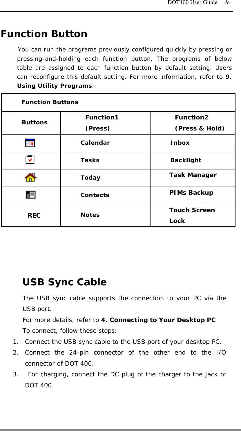   DOT400 User Guide    -9 - Function Button You can run the programs previously configured quickly by pressing or pressing-and-holding each function button. The programs of below table are assigned to each function button by default setting. Users can reconfigure this default setting. For more information, refer to 9. Using Utility Programs. Function Buttons Buttons  Function1 (Press) Function2 (Press &amp; Hold)  Calendar Inbox  Tasks Backlight  Today Task Manager  Contacts PIMs Backup REC Notes Touch Screen Lock     USB Sync Cable The USB sync cable supports the connection to your PC via the USB port. For more details, refer to 4. Connecting to Your Desktop PC  To connect, follow these steps: 1.  Connect the USB sync cable to the USB port of your desktop PC. 2. Connect the 24-pin connector of the other end to the I/O connector of DOT 400. 3.   For charging, connect the DC plug of the charger to the jack of DOT 400.    