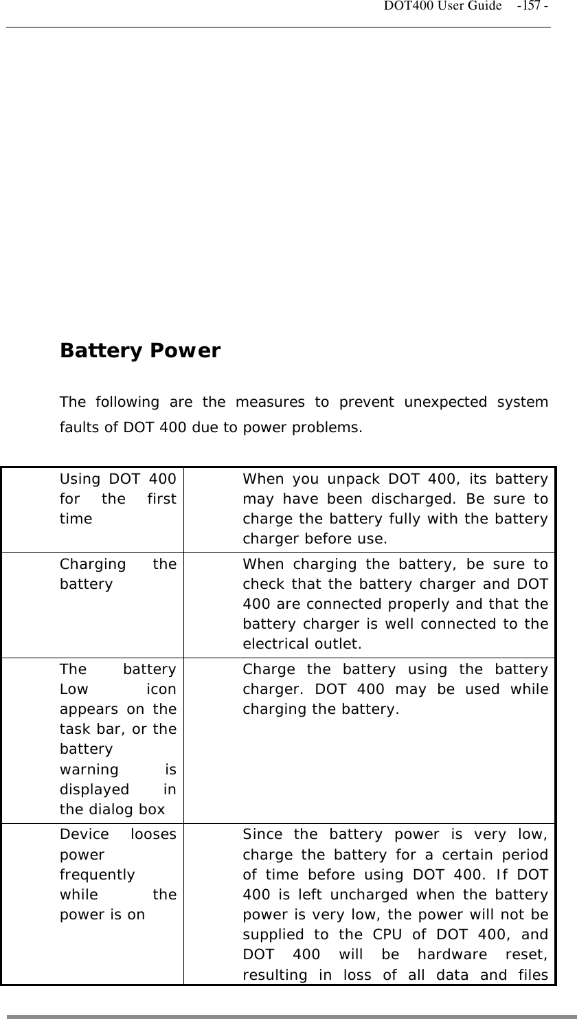   DOT400 User Guide  -157 -            Battery Power  The following are the measures to prevent unexpected system faults of DOT 400 due to power problems.  Using DOT 400 for the first time When you unpack DOT 400, its battery may have been discharged. Be sure to charge the battery fully with the battery charger before use.  Charging the battery  When charging the battery, be sure to check that the battery charger and DOT 400 are connected properly and that the battery charger is well connected to the electrical outlet. The battery Low icon appears on the task bar, or the battery warning is displayed in the dialog box Charge the battery using the battery charger. DOT 400 may be used while charging the battery. Device looses power frequently while the power is on Since the battery power is very low, charge the battery for a certain period of time before using DOT 400. If DOT 400 is left uncharged when the battery power is very low, the power will not be supplied to the CPU of DOT 400, and DOT 400 will be hardware reset, resulting in loss of all data and files  