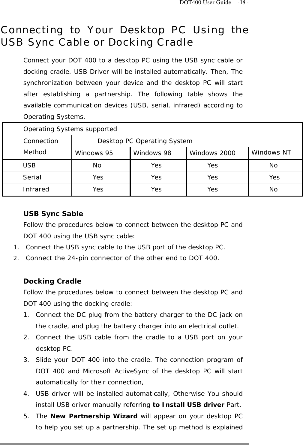   DOT400 User Guide  -18 - Connecting to Your Desktop PC Using the USB Sync Cable or Docking Cradle Connect your DOT 400 to a desktop PC using the USB sync cable or docking cradle. USB Driver will be installed automatically. Then, The synchronization between your device and the desktop PC will start after establishing a partnership. The following table shows the available communication devices (USB, serial, infrared) according to Operating Systems. Operating Systems supported Desktop PC Operating System Connection Method  Windows 95  Windows 98  Windows 2000  Windows NT  USB  No Yes Yes No Serial Yes Yes Yes Yes Infrared Yes Yes Yes No  USB Sync Sable  Follow the procedures below to connect between the desktop PC and DOT 400 using the USB sync cable: 1.  Connect the USB sync cable to the USB port of the desktop PC. 2.  Connect the 24-pin connector of the other end to DOT 400.  Docking Cradle Follow the procedures below to connect between the desktop PC and DOT 400 using the docking cradle: 1.  Connect the DC plug from the battery charger to the DC jack on the cradle, and plug the battery charger into an electrical outlet. 2.  Connect the USB cable from the cradle to a USB port on your desktop PC. 3.  Slide your DOT 400 into the cradle. The connection program of DOT 400 and Microsoft ActiveSync of the desktop PC will start automatically for their connection, 4.  USB driver will be installed automatically, Otherwise You should install USB driver manually referring to Install USB driver Part. 5. The New Partnership Wizard will appear on your desktop PC to help you set up a partnership. The set up method is explained  