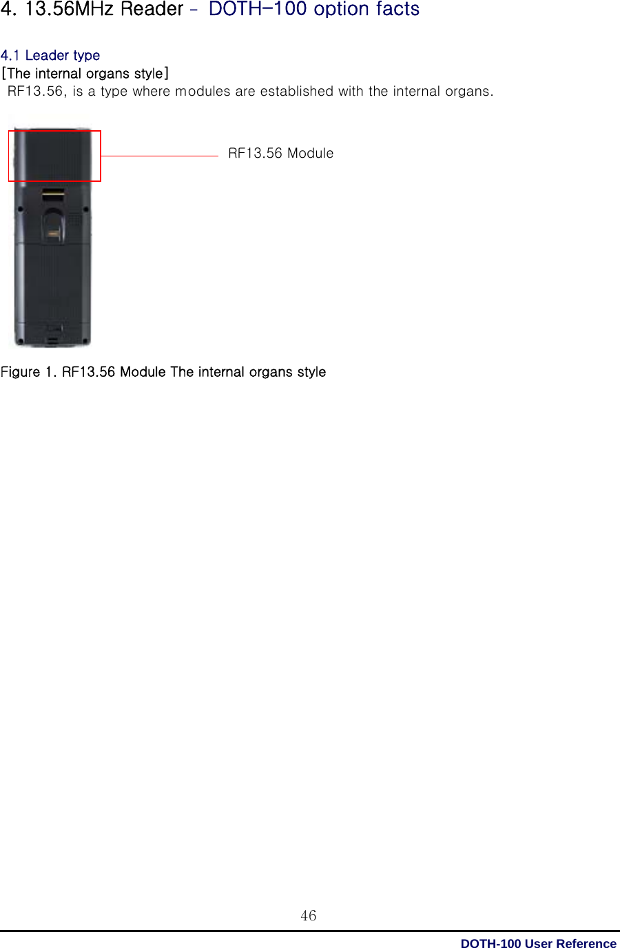  DOTH-100 User Reference 464. 13.56MHz Reader – DOTH-100 option facts  4.1 Leader type [The internal organs style]  RF13.56, is a type where modules are established with the internal organs.             Figure 1. RF13.56 Module The internal organs style                           RF13.56 Module