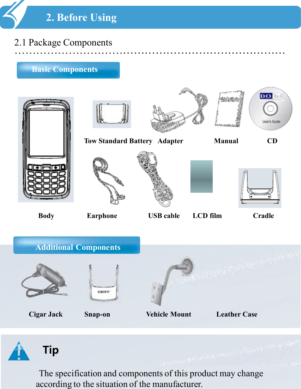 …………………………………………………………………2.1 Package ComponentsBasic ComponentsAdditional Components2. Before UsingTipTipThe specification and components of this product may changeaccording to the situation of the manufacturer.Body Earphone USB cable     LCD film                 CradleTow Standard Battery   Adapter                 Manual                CDCigar Jack Snap-on                    Vehicle Mount              Leather Case 