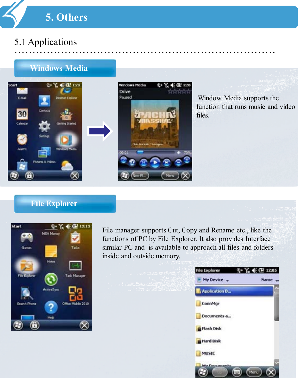 ……………………………………………………………….5.1 ApplicationsWindows Media5. OthersWindow Media supports the function that runs music and video files. File ExplorerFile manager supports Cut, Copy and Rename etc., like the functions of PC by File Explorer. It also provides Interface similar PC and  is available to approach all files and folders inside and outside memory.  