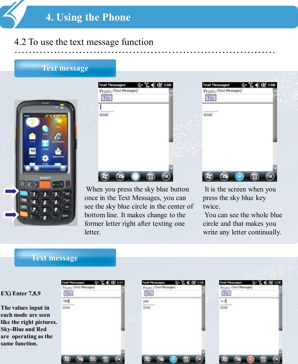 ……………………………………………………………….4.2 To use the text message function Text message4. Using the PhoneWhen you press the sky blue button once in the Text Messages, you can see the sky blue circle in the center of bottom line. It makes change to the former letter right after texting one letter.Text messageEX) Enter 7,8,9The values input in each mode are seen like the right pictures.  Sky-Blue and Red are  operating as the same function. It is the screen when youpress the sky blue key twice. You can see the whole blue circle and that makes you write any letter continually.