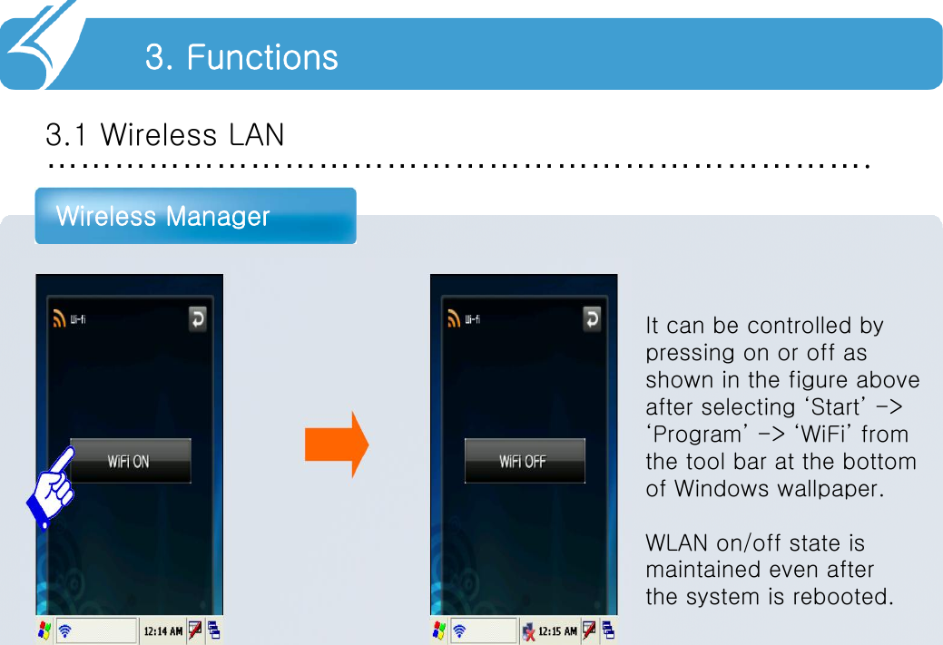 ……………………………………………………………….3.1 Wireless LANWireless Manager3. FunctionsIt can be controlled bypressing on or off as shown in the figure aboveafter selecting ‘Start’ -&gt;‘Program’ -&gt; ‘WiFi’ fromthe tool bar at the bottomof Windows wallpaper.WLAN on/off state is maintained even afterthe system is rebooted.