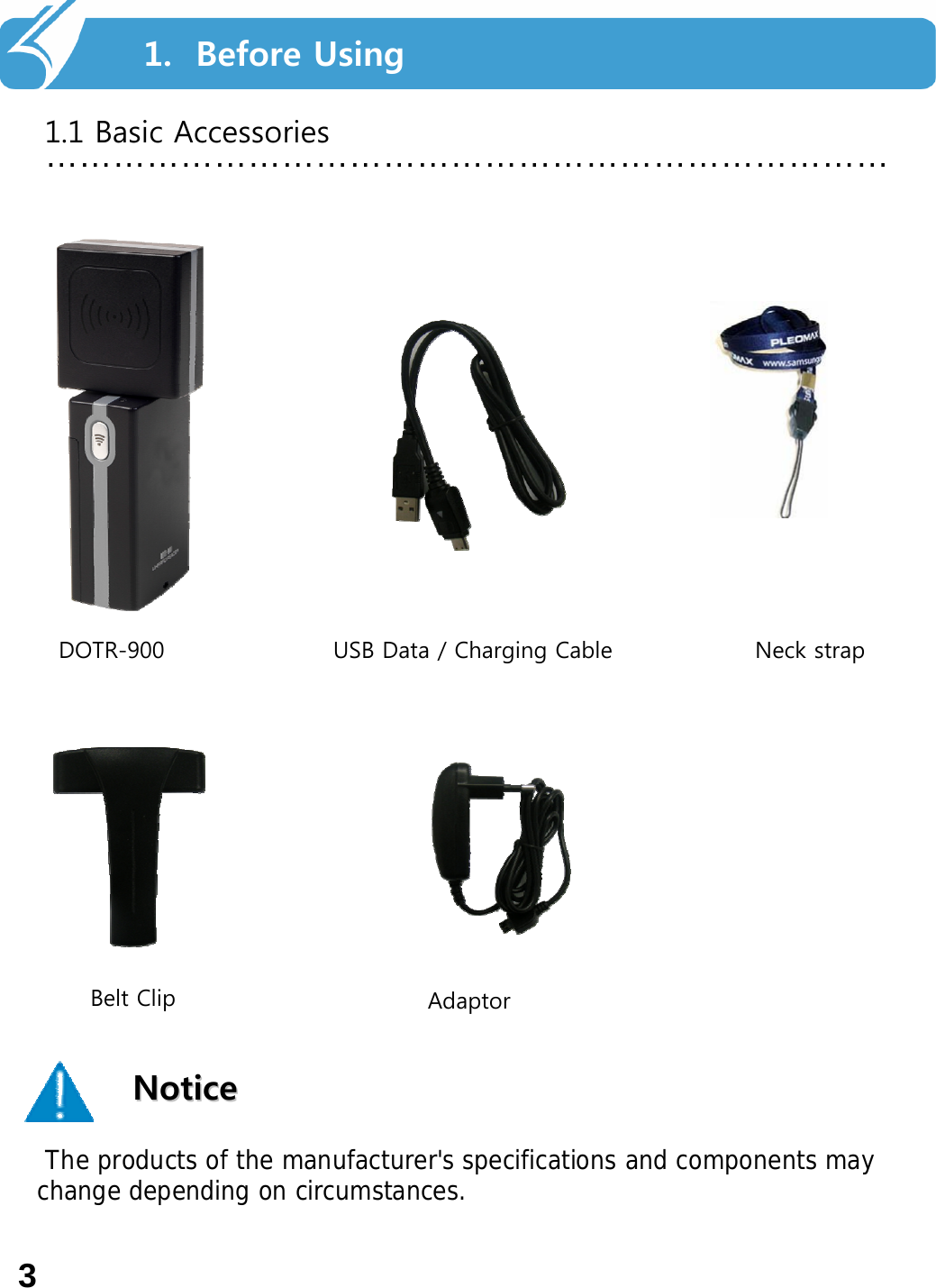 …………………………………………………………………1.1 Basic Accessories1.  Before UsingNoticeNoticeThe products of the manufacturer&apos;s specifications and components may change depending on circumstances.DOTR-900 USB Data / Charging Cable Neck strapBelt Clip Adaptor 3