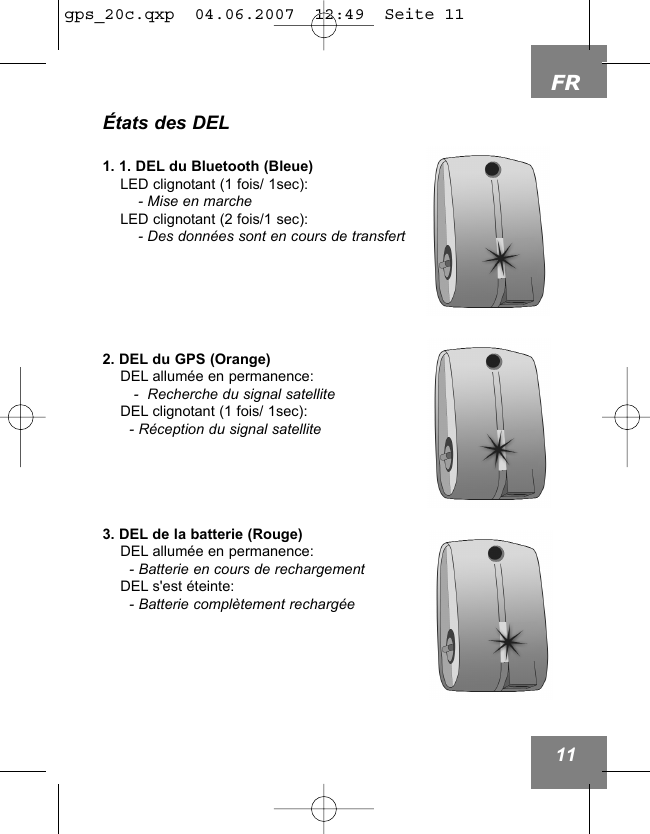 FR11&Eacute;tats des DEL1. 1. DEL du Bluetooth (Bleue)LED clignotant (1 fois/ 1sec):- Mise en marcheLED clignotant (2 fois/1 sec):- Des donn&eacute;es sont en cours de transfert2. DEL du GPS (Orange)DEL allum&eacute;e en permanence:-  Recherche du signal satelliteDEL clignotant (1 fois/ 1sec):- R&eacute;ception du signal satellite3. DEL de la batterie (Rouge)DEL allum&eacute;e en permanence:- Batterie en cours de rechargementDEL s'est &eacute;teinte:- Batterie compl&egrave;tement recharg&eacute;egps_20c.qxp  04.06.2007  12:49  Seite 11