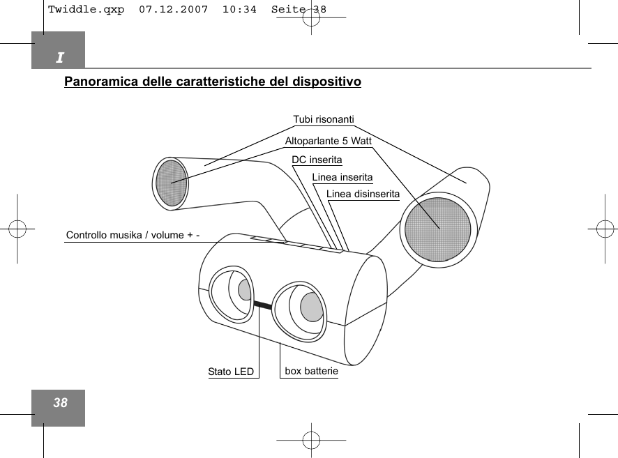 I38Panoramica delle caratteristiche del dispositivoAltoparlante 5 WattTubi risonantiStato LED box batterieLinea inseritaLinea disinserita DC inserita Controllo musika / volume + -Twiddle.qxp  07.12.2007  10:34  Seite 38