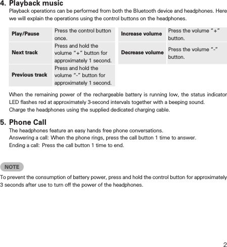 24. Playback musicPlayback operations can be performed from both the Bluetooth device and headphones. Here we will explain the operations using the control buttons on the headphones.Play/Pause Press the control button once. Increase volume Press the volume “+” button.Next trackPress and hold the volume “+” button for approximately 1 second.Decrease volume Press the volume “-” button.Previous trackPress and hold the volume “-” button for approximately 1 second.When the remaining power of the rechargeable battery is running low, the status indicator LED ﬂashes red at approximately 3-second intervals together with a beeping sound.Charge the headphones using the supplied dedicated charging cable.5. Phone CallThe headphones feature an easy hands free phone conversations.Answering a call: When the phone rings, press the call button 1 time to answer.Ending a call:  Press the call button 1 time to end.NOTETo prevent the consumption of battery power, press and hold the control button for approximately 3 seconds after use to turn o the power of the headphones.