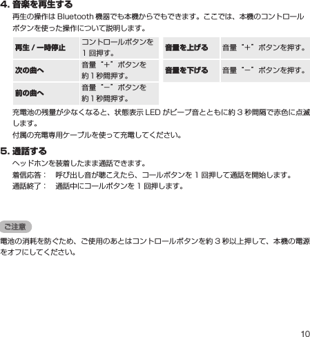 104.音楽を再生する再生の操作は Bluetooth 機器でも本機からでもできます。ここでは、本機のコントロールボタンを使った操作について説明します。再生 / 一時停止 コントロールボタンを 1 回押す。 音量を上げる 音量“＋”ボタンを押す。次の曲へ 音量“＋”ボタンを 約１秒間押す。 音量を下げる 音量“－”ボタンを押す。前の曲へ 音量“－”ボタンを 約１秒間押す。充電池の残量が少なくなると、状態表示 LED がビープ音とともに約 3 秒間隔で赤色に点滅します。付属の充電専用ケーブルを使って充電してください。5.通話するヘッドホンを装着したまま通話できます。着信応答：　呼び出し音が聴こえたら、コールボタンを 1 回押して通話を開始します。通話終了：　通話中にコールボタンを 1 回押します。ご注意電池の消耗を防ぐため、ご使用のあとはコントロールボタンを約 3 秒以上押して、本機の電源をオフにしてください。