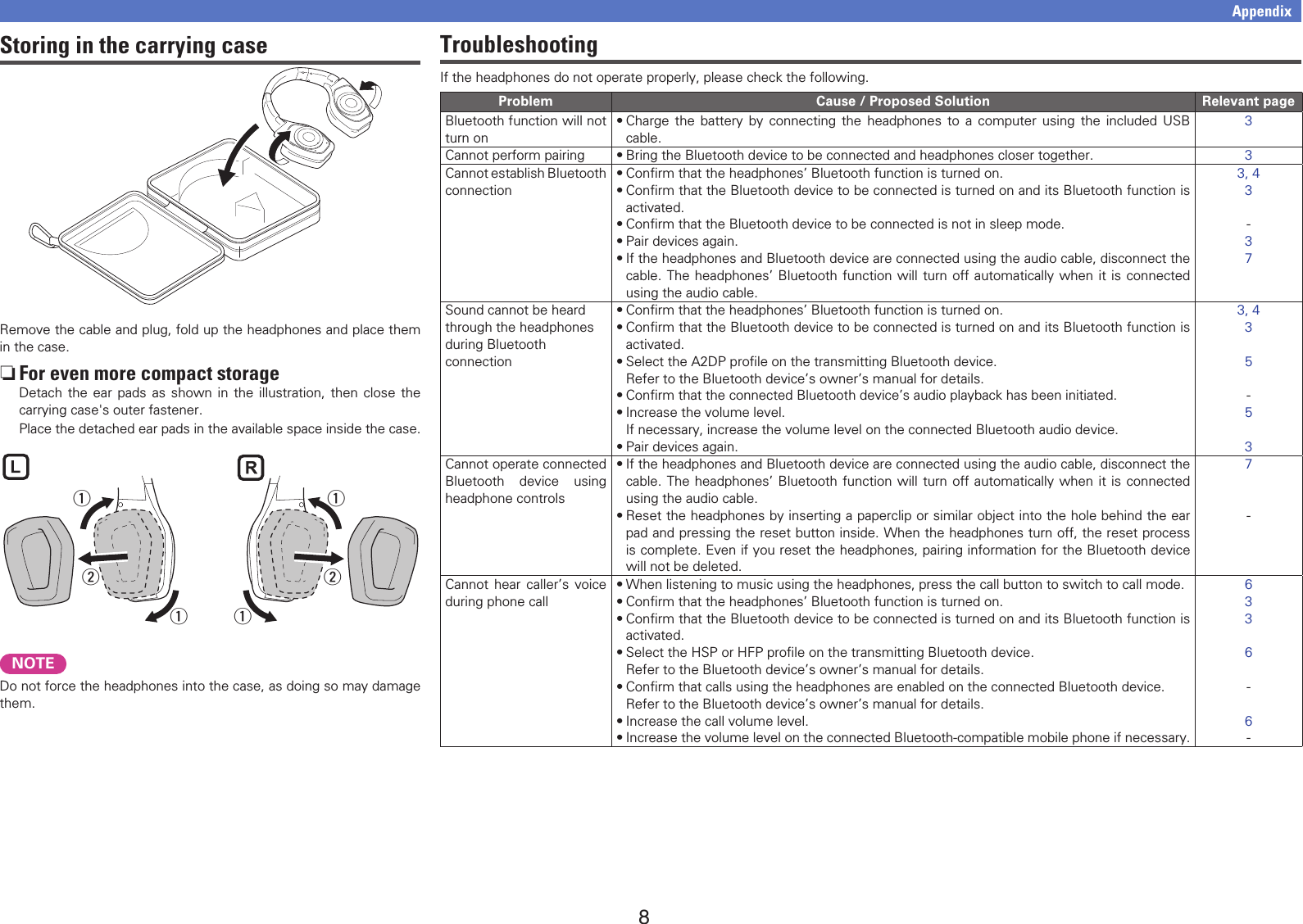 8AppendixStoring in the carrying caseRemove the cable and plug, fold up the headphones and place them in the case. nFor even more compact storageDetach the ear pads as shown in the illustration, then close the carrying case&apos;s outer fastener.Place the detached ear pads in the available space inside the case.wqqwqqNOTEDo not force the headphones into the case, as doing so may damage them.TroubleshootingIf the headphones do not operate properly, please check the following.Problem Cause / Proposed Solution Relevant pageBluetooth function will not turn on•Charge the battery by connecting the headphones to a computer using the included USB cable.3Cannot perform pairing •Bring the Bluetooth device to be connected and headphones closer together. 3Cannot establish Bluetooth connection•Conﬁrm that the headphones’ Bluetooth function is turned on.•Conﬁrm that the Bluetooth device to be connected is turned on and its Bluetooth function is activated.•Conﬁrm that the Bluetooth device to be connected is not in sleep mode.•Pair devices again.•If the headphones and Bluetooth device are connected using the audio cable, disconnect the cable. The headphones’ Bluetooth function will turn off automatically when it is connected using the audio cable.3, 43-37Sound cannot be heard through the headphones during Bluetooth connection•Conﬁrm that the headphones’ Bluetooth function is turned on.•Conﬁrm that the Bluetooth device to be connected is turned on and its Bluetooth function is activated.•Select the A2DP proﬁle on the transmitting Bluetooth device.Refer to the Bluetooth device’s owner’s manual for details.•Conﬁrm that the connected Bluetooth device’s audio playback has been initiated.•Increase the volume level.If necessary, increase the volume level on the connected Bluetooth audio device.•Pair devices again.3, 435-53Cannot operate connected Bluetooth device using headphone controls•If the headphones and Bluetooth device are connected using the audio cable, disconnect the cable. The headphones’ Bluetooth function will turn off automatically when it is connected using the audio cable.•Reset the headphones by inserting a paperclip or similar object into the hole behind the ear pad and pressing the reset button inside. When the headphones turn off, the reset process is complete. Even if you reset the headphones, pairing information for the Bluetooth device will not be deleted.7-Cannot hear caller’s voice during phone call•When listening to music using the headphones, press the call button to switch to call mode.•Conﬁrm that the headphones’ Bluetooth function is turned on.•Conﬁrm that the Bluetooth device to be connected is turned on and its Bluetooth function is activated.•Select the HSP or HFP proﬁle on the transmitting Bluetooth device.Refer to the Bluetooth device’s owner’s manual for details.•Conﬁrm that calls using the headphones are enabled on the connected Bluetooth device.Refer to the Bluetooth device’s owner’s manual for details.•Increase the call volume level.•Increase the volume level on the connected Bluetooth-compatible mobile phone if necessary.6336-6-