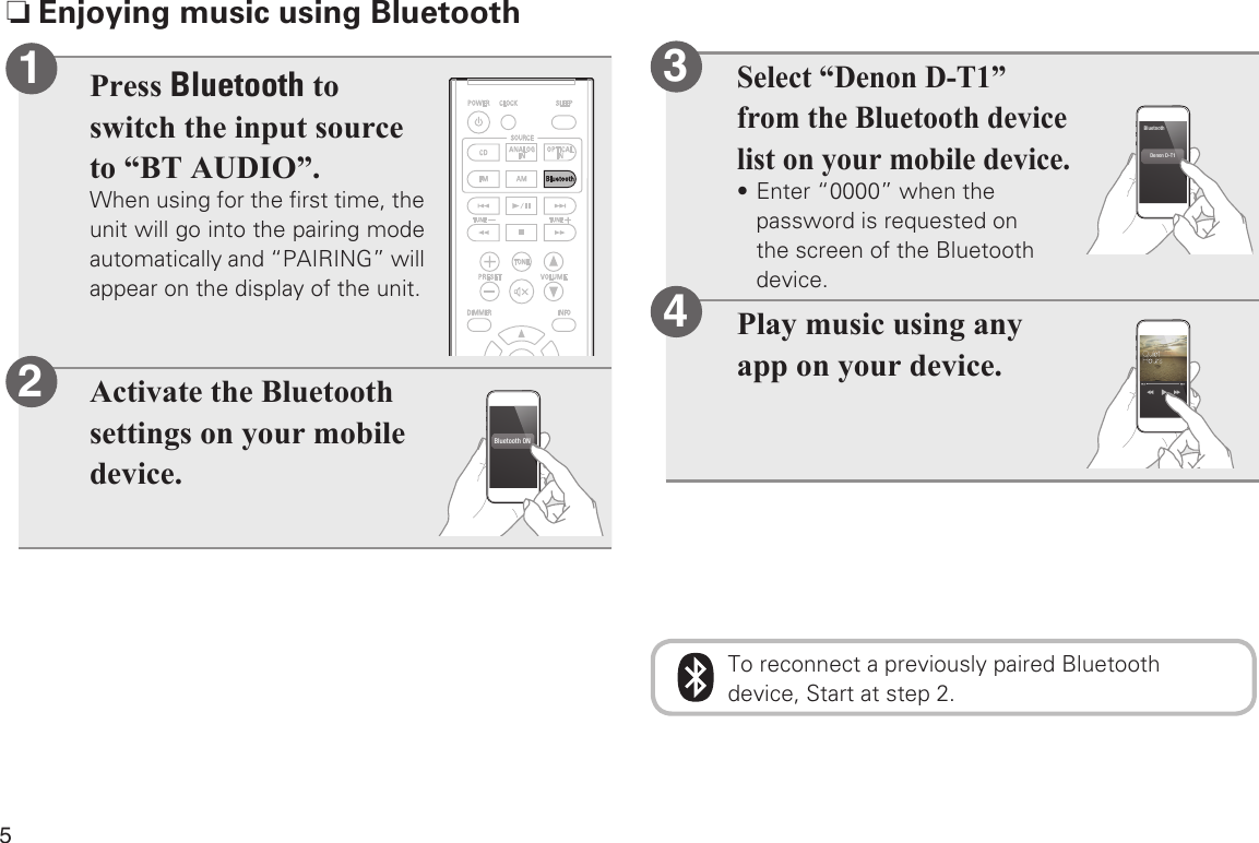 5 nEnjoying music using BluetoothPress Bluetooth to switch the input source to “BT AUDIO”.When using for the ﬁrst time, the unit will go into the pairing mode automatically and “PAIRING” will appear on the display of the unit.Activate the Bluetooth settings on your mobile device.Bluetooth ONDenon RCD-M41Bluetooth12Select “Denon D-T1” from the Bluetooth device list on your mobile device.• Enter “0000” when the password is requested on the screen of the Bluetooth device.Bluetooth ONDenon D-T1BluetoothPlay music using any app on your device.Bluetooth ONDenon RCD-M41Bluetooth34To reconnect a previously paired Bluetooth device, Start at step 2.