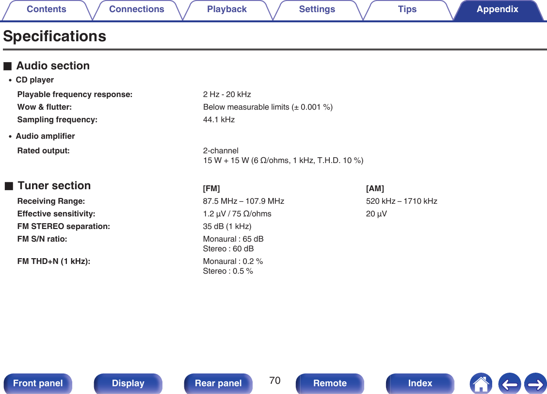SpecificationsoAudio section0CD playerPlayable frequency response: 2 Hz - 20 kHzWow &amp; flutter: Below measurable limits (± 0.001 %)Sampling frequency: 44.1 kHz0Audio amplifierRated output: 2-channel15 W + 15 W (6 Ω/ohms, 1 kHz, T.H.D. 10 %)oTuner section [FM] [AM]Receiving Range: 87.5 MHz – 107.9 MHz 520 kHz – 1710 kHzEffective sensitivity: 1.2 μV / 75 Ω/ohms 20 μVFM STEREO separation: 35 dB (1 kHz)FM S/N ratio: Monaural : 65 dBStereo : 60 dBFM THD+N (1 kHz): Monaural : 0.2 %Stereo : 0.5 %Contents Connections Playback Settings Tips Appendix70Front panel Display Rear panel Remote Index