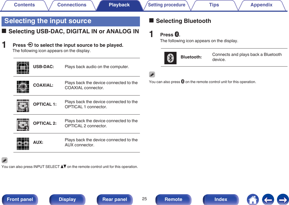 Selecting the input sourceoSelecting USB-DAC, DIGITAL IN or ANALOG IN1Press q to select the input source to be played.The following icon appears on the display..USB-DAC: Plays back audio on the computer..COAXIAL: Plays back the device connected to theCOAXIAL connector..OPTICAL 1: Plays back the device connected to theOPTICAL 1 connector..OPTICAL 2: Plays back the device connected to theOPTICAL 2 connector..AUX: Plays back the device connected to theAUX connector.You can also press INPUT SELECT df on the remote control unit for this operation.oSelecting Bluetooth1Press V.The following icon appears on the display..Bluetooth: Connects and plays back a Bluetoothdevice.You can also press V on the remote control unit for this operation.Contents Connections PlaybackSetting procedureTips Appendix25Front panel Display Rear panel Remote Index