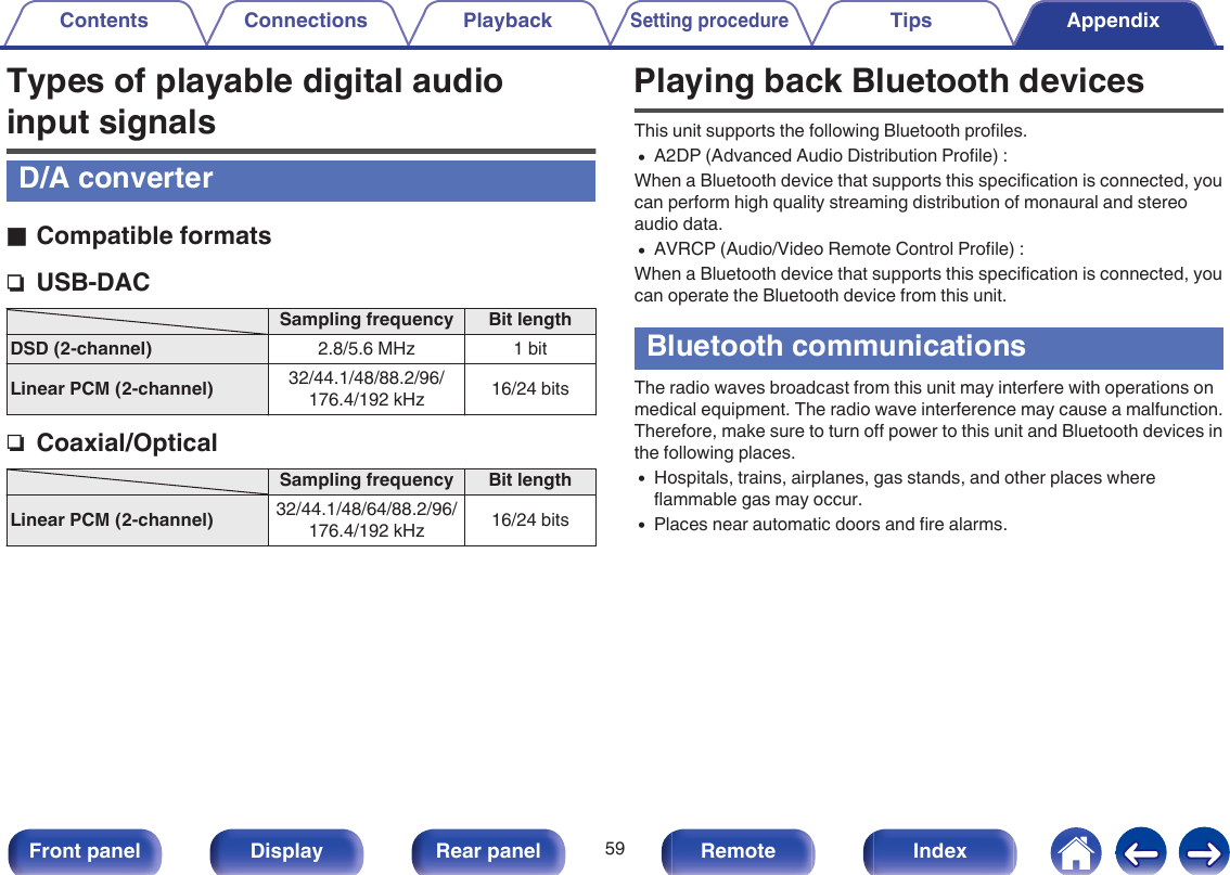 Types of playable digital audioinput signalsD/A converteroCompatible formatsnUSB-DACSampling frequency Bit lengthDSD (2-channel) 2.8/5.6 MHz 1 bitLinear PCM (2-channel) 32/44.1/48/88.2/96/176.4/192 kHz 16/24 bitsnCoaxial/OpticalSampling frequency Bit lengthLinear PCM (2-channel) 32/44.1/48/64/88.2/96/176.4/192 kHz 16/24 bitsPlaying back Bluetooth devicesThis unit supports the following Bluetooth profiles.0A2DP (Advanced Audio Distribution Profile) :When a Bluetooth device that supports this specification is connected, youcan perform high quality streaming distribution of monaural and stereoaudio data.0AVRCP (Audio/Video Remote Control Profile) :When a Bluetooth device that supports this specification is connected, youcan operate the Bluetooth device from this unit.Bluetooth communicationsThe radio waves broadcast from this unit may interfere with operations onmedical equipment. The radio wave interference may cause a malfunction.Therefore, make sure to turn off power to this unit and Bluetooth devices inthe following places.0Hospitals, trains, airplanes, gas stands, and other places whereflammable gas may occur.0Places near automatic doors and fire alarms.Contents Connections PlaybackSetting procedureTips AppendixAppendix59Front panel Display Rear panel Remote Index