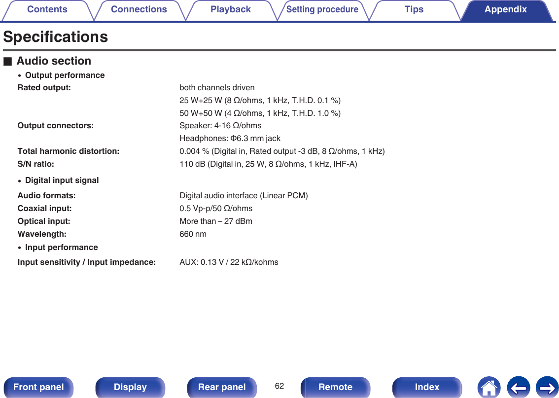 SpecificationsoAudio section0Output performanceRated output: both channels driven25 W+25 W (8 Ω/ohms, 1 kHz, T.H.D. 0.1 %) 50 W+50 W (4 Ω/ohms, 1 kHz, T.H.D. 1.0 %)Output connectors: Speaker: 4-16 Ω/ohmsHeadphones: Φ6.3 mm jackTotal harmonic distortion: 0.004 % (Digital in, Rated output -3 dB, 8 Ω/ohms, 1 kHz)S/N ratio: 110 dB (Digital in, 25 W, 8 Ω/ohms, 1 kHz, IHF-A)0Digital input signalAudio formats: Digital audio interface (Linear PCM)Coaxial input: 0.5 Vp-p/50 Ω/ohmsOptical input: More than – 27 dBmWavelength: 660 nm0Input performanceInput sensitivity / Input impedance: AUX: 0.13 V / 22 kΩ/kohmsContents Connections PlaybackSetting procedureTips Appendix62Front panel Display Rear panel Remote Index