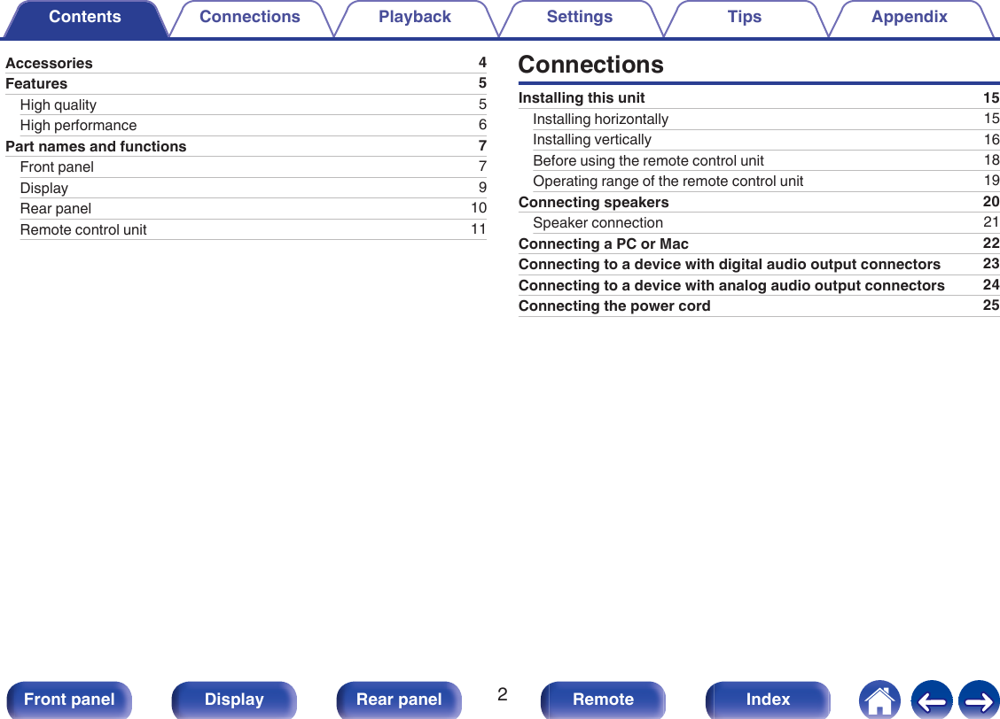 Accessories 4Features 5High quality 5High performance 6Part names and functions 7Front panel 7Display 9Rear panel 10Remote control unit 11ConnectionsInstalling this unit 15Installing horizontally 15Installing vertically 16Before using the remote control unit 18Operating range of the remote control unit 19Connecting speakers 20Speaker connection 21Connecting a PC or Mac 22Connecting to a device with digital audio output connectors 23Connecting to a device with analog audio output connectors 24Connecting the power cord 25Contents Connections Playback Settings Tips Appendix2Front panel Display Rear panel Remote Index