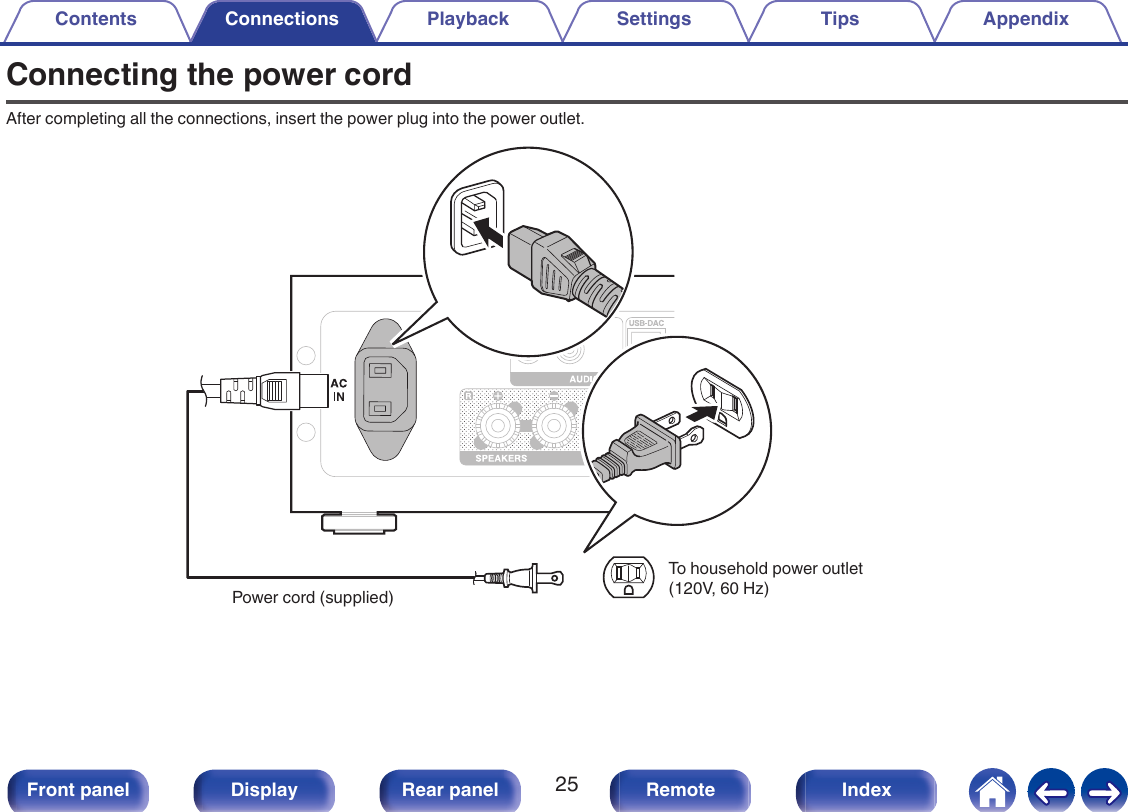 Connecting the power cordAfter completing all the connections, insert the power plug into the power outlet..Power cord (supplied)To household power outlet (120V, 60 Hz)Contents Connections Playback Settings Tips Appendix25Front panel Display Rear panel Remote Index