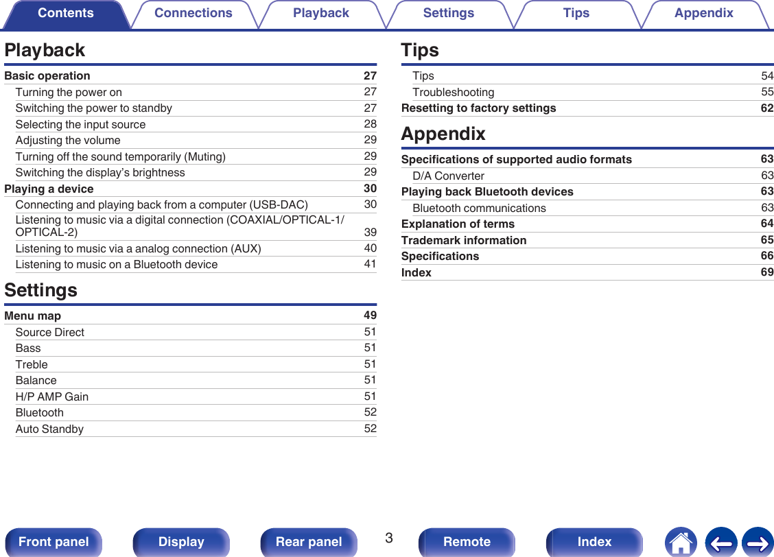 PlaybackBasic operation 27Turning the power on 27Switching the power to standby 27Selecting the input source 28Adjusting the volume 29Turning off the sound temporarily (Muting) 29Switching the display’s brightness 29Playing a device 30Connecting and playing back from a computer (USB-DAC) 30Listening to music via a digital connection (COAXIAL/OPTICAL-1/OPTICAL-2) 39Listening to music via a analog connection (AUX) 40Listening to music on a Bluetooth device 41SettingsMenu map 49Source Direct 51Bass 51Treble 51Balance 51H/P AMP Gain 51Bluetooth 52Auto Standby 52TipsTips 54Troubleshooting 55Resetting to factory settings 62AppendixSpecifications of supported audio formats 63D/A Converter 63Playing back Bluetooth devices 63Bluetooth communications 63Explanation of terms 64Trademark information 65Specifications 66Index 69Contents Connections Playback Settings Tips Appendix3Front panel Display Rear panel Remote Index