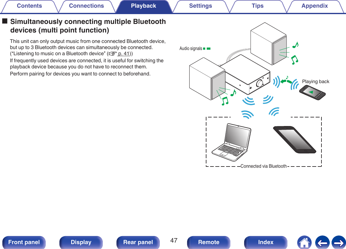 oSimultaneously connecting multiple Bluetoothdevices (multi point function)This unit can only output music from one connected Bluetooth device,but up to 3 Bluetooth devices can simultaneously be connected.(“Listening to music on a Bluetooth device” (v p. 41))If frequently used devices are connected, it is useful for switching theplayback device because you do not have to reconnect them.Perform pairing for devices you want to connect to beforehand..Audio signalsPlaying backConnected via BluetoothContents Connections Playback Settings Tips Appendix47Front panel Display Rear panel Remote Index