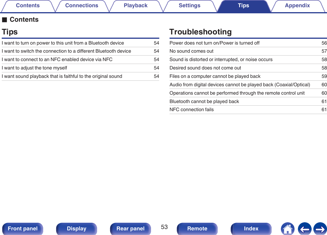 oContentsTipsI want to turn on power to this unit from a Bluetooth device 54I want to switch the connection to a different Bluetooth device 54I want to connect to an NFC enabled device via NFC 54I want to adjust the tone myself 54I want sound playback that is faithful to the original sound 54TroubleshootingPower does not turn on/Power is turned off 56No sound comes out 57Sound is distorted or interrupted, or noise occurs 58Desired sound does not come out 58Files on a computer cannot be played back 59Audio from digital devices cannot be played back (Coaxial/Optical) 60Operations cannot be performed through the remote control unit 60Bluetooth cannot be played back 61NFC connection fails 61Contents Connections Playback Settings Tips Appendix53Front panel Display Rear panel Remote Index