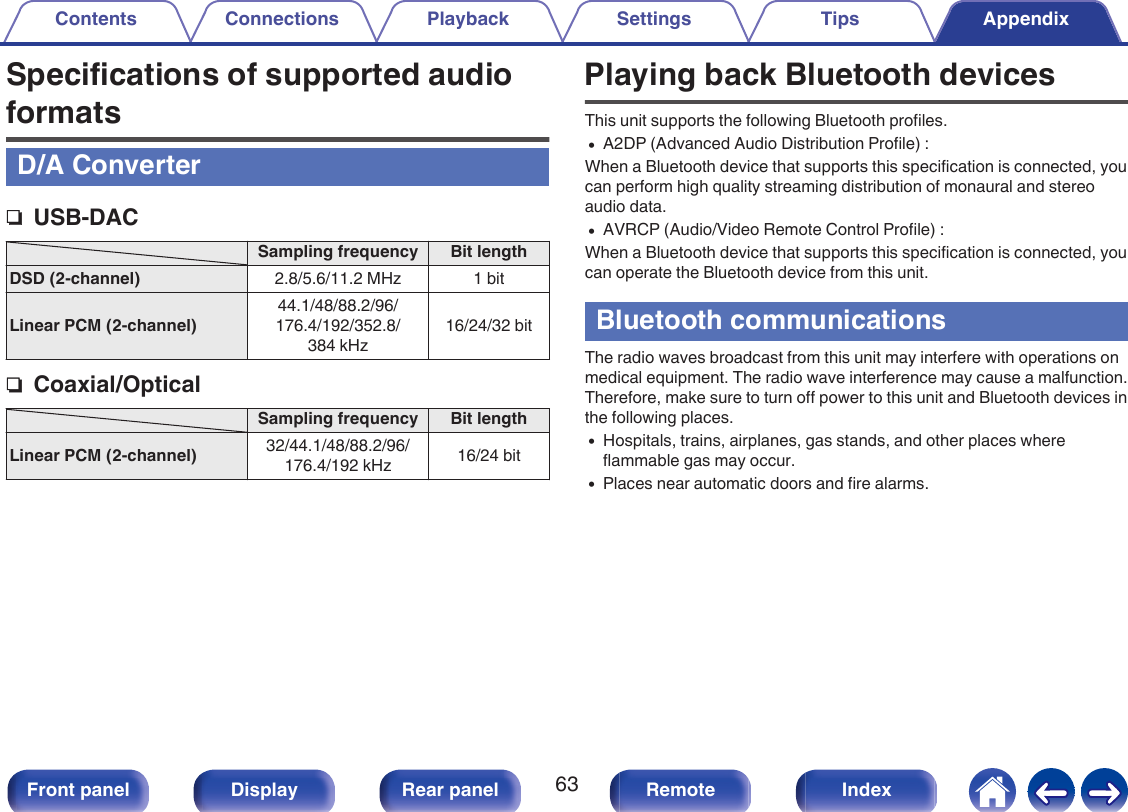 Specifications of supported audioformatsD/A ConverternUSB-DACSampling frequency Bit lengthDSD (2-channel) 2.8/5.6/11.2 MHz 1 bitLinear PCM (2-channel)44.1/48/88.2/96/176.4/192/352.8/384 kHz16/24/32 bitnCoaxial/OpticalSampling frequency Bit lengthLinear PCM (2-channel) 32/44.1/48/88.2/96/176.4/192 kHz 16/24 bitPlaying back Bluetooth devicesThis unit supports the following Bluetooth profiles.0A2DP (Advanced Audio Distribution Profile) :When a Bluetooth device that supports this specification is connected, youcan perform high quality streaming distribution of monaural and stereoaudio data.0AVRCP (Audio/Video Remote Control Profile) :When a Bluetooth device that supports this specification is connected, youcan operate the Bluetooth device from this unit.Bluetooth communicationsThe radio waves broadcast from this unit may interfere with operations onmedical equipment. The radio wave interference may cause a malfunction.Therefore, make sure to turn off power to this unit and Bluetooth devices inthe following places.0Hospitals, trains, airplanes, gas stands, and other places whereflammable gas may occur.0Places near automatic doors and fire alarms.Contents Connections Playback Settings Tips Appendix63Front panel Display Rear panel Remote Index