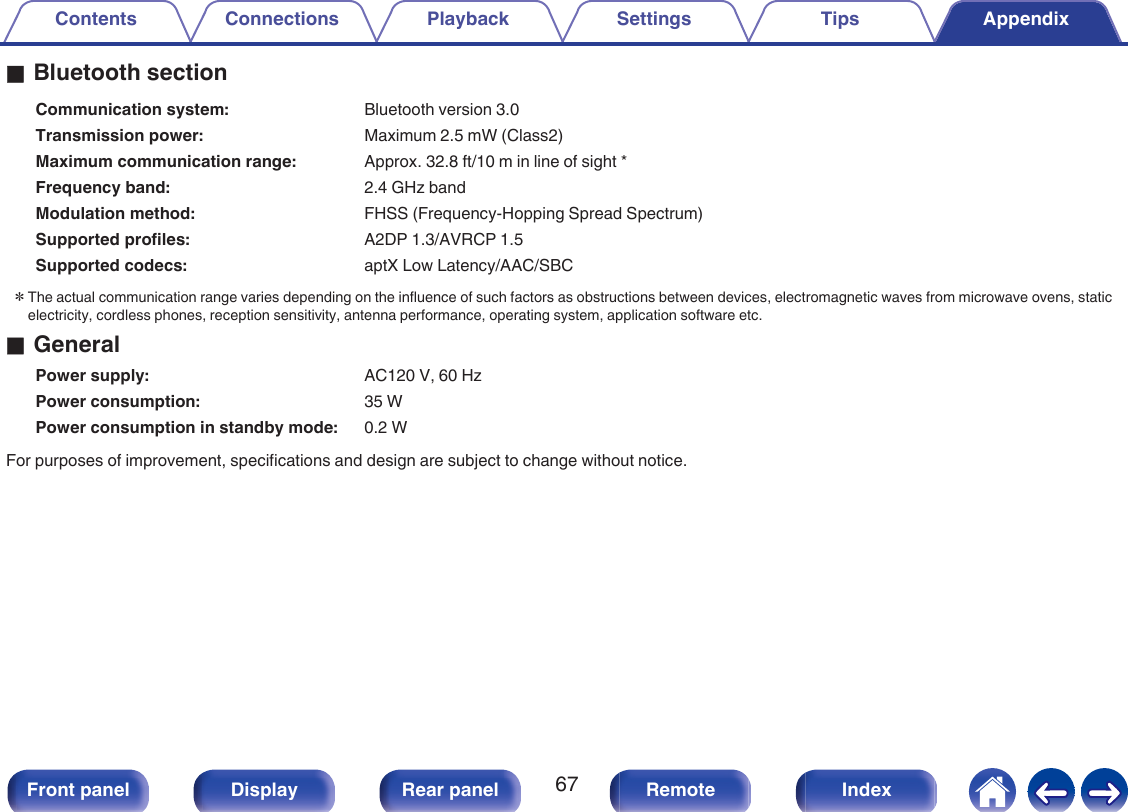 oBluetooth sectionCommunication system: Bluetooth version 3.0Transmission power: Maximum 2.5 mW (Class2)Maximum communication range: Approx. 32.8 ft/10 m in line of sight *Frequency band: 2.4 GHz bandModulation method: FHSS (Frequency-Hopping Spread Spectrum)Supported profiles: A2DP 1.3/AVRCP 1.5Supported codecs: aptX Low Latency/AAC/SBCzThe actual communication range varies depending on the influence of such factors as obstructions between devices, electromagnetic waves from microwave ovens, staticelectricity, cordless phones, reception sensitivity, antenna performance, operating system, application software etc.oGeneralPower supply: AC120 V, 60 HzPower consumption: 35 WPower consumption in standby mode: 0.2 WFor purposes of improvement, specifications and design are subject to change without notice.Contents Connections Playback Settings Tips Appendix67Front panel Display Rear panel Remote Index