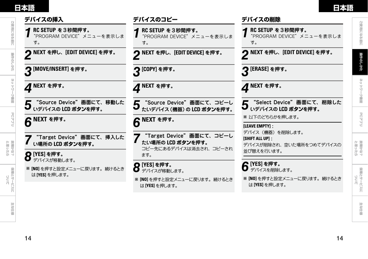  ご使用になる前に 操作のしかた ネットワーク機能 故障かな？と思ったら保障とサービスについて主な仕様ご使用になる前に ネットワーク機能 故障かな？と思ったら保障とサービスについて主な仕様日本語 日本語PCアプリPCアプリデバイスの削除1RC SETUPを３秒間押す。“PROGRAMDEVICE”メニューを表示します。2NEXTを押し、[EDIT DEVICE] を押す。3[ERASE] を押す。4NEXTを押す。5“SelectDevice” 画面にて、削除したいデバイスの LCD ボタンを押す。b以下のどちらかを押します。[LEAVE EMPTY]:デバイス（機器）を削除します。[SHIFT ALL UP]:デバイスが削除され、空いた場所をつめてデバイスの並び替えを行います。6[YES] を押す。デバイスを削除します。b[NO] を押すと設定メニューに戻ります。続けるときは[YES] を押します。デバイスのコピー1RC SETUPを３秒間押す。“PROGRAMDEVICE”メニューを表示します。2NEXTを押し、[EDIT DEVICE] を押す。3[COPY] を押す。4NEXTを押す。5“SourceDevice” 画面にて、コピーしたいデバイス（機器）の LCD ボタンを押す。6NEXTを押す。7“TargetDevice” 画面にて、コピーしたい場所の LCD ボタンを押す。コピー先にあるデバイスは消去され、コピーされます。8[YES] を押す。デバイスが移動します。b[NO] を押すと設定メニューに戻ります。続けるときは[YES] を押します。デバイスの挿入1RC SETUPを３秒間押す。“PROGRAMDEVICE”メニューを表示します。2NEXTを押し、[EDIT DEVICE] を押す。3[MOVE/INSERT] を押す。4NEXTを押す。5“SourceDevice” 画面にて、移動したいデバイスの LCD ボタンを押す。6NEXTを押す。7“TargetDevice” 画面にて、挿入したい場所の LCD ボタンを押す。8[YES] を押す。デバイスが移動します。b[NO] を押すと設定メニューに戻ります。続けるときは[YES] を押します。操作のしかた