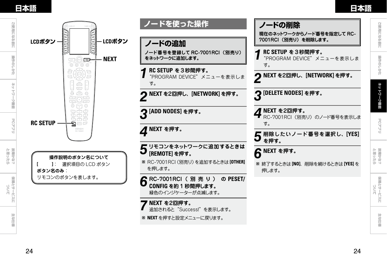  ご使用になる前に 操作のしかた ネットワーク機能 故障かな？と思ったら保障とサービスについて主な仕様ご使用になる前に 操作のしかた 故障かな？と思ったら保障とサービスについて主な仕様日本語 日本語PCアプリPCアプリNEXTRC SETUPLCDボタン LCDボタンノードを使った操作ノードの追加ノード番号を登録して RC-7001RCI（別売り）をネットワークに追加します。ノードの削除現在のネットワークからノード番号を指定して RC-7001RCI（別売り）を削除します。1RC SETUPを３秒間押す。“PROGRAMDEVICE”メニューを表示します。2NEXT を２回押し、[NETWORK] を押す。3[DELETE NODES] を押す。4NEXTを２回押す。RC-7001RCI（別売り） のノード番号を表示します。5削除したいノード番号を選択し、[YES]を押す。6NEXTを押す。b終了するときは [NO]、削除を続けるときは [YES] を押します。1RC SETUPを３秒間押す。“PROGRAMDEVICE”メニューを表示します。2NEXT を２回押し、[NETWORK] を押す。3[ADD NODES] を押す。4NEXTを押す。5リモコンをネットワークに追加するときは[REMOTE] を押す。bRC-7001RCI（別売り）を追加するときは [OTHER]を押します。6RC-7001RCI（ 別 売 り ） の PESET/CONFIG を約 1 秒間押します。緑色のインジケーターが点滅します。7NEXTを２回押す。追加されると“Success!”を表示します。bNEXT を押すと設定メニューに戻ります。操作説明のボタン名について[　　　]： 選択項目の LCD ボタンボタン名のみ：リモコンのボタンを表します。ネットワーク機能