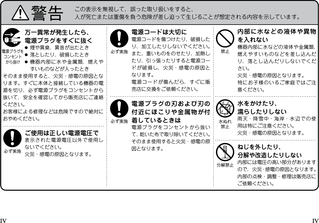 内部に水などの液体や異物を入れない機器内部に水などの液体や金属類、燃えやすいものなどを差し込んだり、落とし込んだりしないでください。火災・感電の原因となります。特にお子様のいるご家庭ではご注意ください。禁止水をかけたり、濡らしたりしない雨天・降雪中・海岸・水辺での使用は特にご注意ください。火災・感電の原因となります。水ぬれ禁止ご使用は正しい電源電圧で表示された電源電圧以外で使用しないでください。火災・感電の原因となります。必ず実施電源コードは大切に電源コードを傷つけたり、破損したり、加工したりしないでください。また、重いものをのせたり、加熱したり、引っ張ったりすると電源コードが破損し、火災・感電の原因となります。電源コードが傷んだら、すぐに販売店に交換をご依頼ください。必ず実施電源プラグの刃および刃の付近にほこりや金属物が付着しているときは電源プラグをコンセントから抜いて、乾いた布で取り除いてください。そのまま使用すると火災・感電の原因となります。必ず実施ねじを外したり、分解や改造したりしない内部には電圧の高い部分がありますので、火災・感電の原因となります。内部の点検・調整・修理は販売店にご依頼ください。分解禁止万一異常が発生したら、電源プラグをすぐに抜く●煙や異臭、異音が出たとき●落としたり、破損したとき●機器内部に水や金属類、燃えやすいものなどが入ったときそのまま使用すると、火災・感電の原因となります。すぐに本体と接続している機器の電源を切り、必ず電源プラグをコンセントから抜いて、安全を確認してから販売店にご連絡ください。お客様による修理などは危険ですので絶対におやめください。電源プラグをコンセントから抜け警告 この表示を無視して、誤った取り扱いをすると、人が死亡または重傷を負う危険が差し迫って生じることが想定される内容を示しています。IVIV