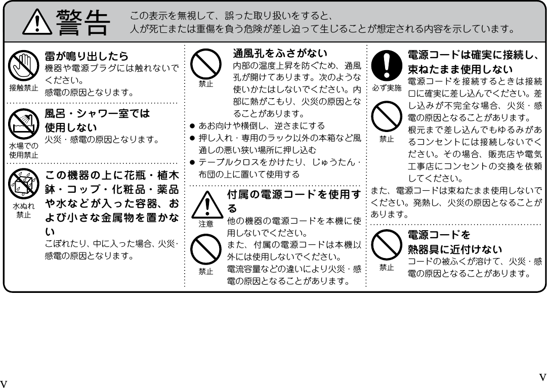 VV通風孔をふさがない内部の温度上昇を防ぐため、通風孔が開けてあります。次のような使いかたはしないでください。内部に熱がこもり、火災の原因となることがあります。●あお向けや横倒し、逆さまにする●押し入れ・専用のラック以外の本箱など風通しの悪い狭い場所に押し込む●テーブルクロスをかけたり、じゅうたん・布団の上に置いて使用する禁止付属の電源コードを使用する他の機器の電源コードを本機に使用しないでください。また、付属の電源コードは本機以外には使用しないでください。電流容量などの違いにより火災・感電の原因となることがあります。禁止注意電源コードは確実に接続し、束ねたまま使用しない電源コードを接続するときは接続口に確実に差し込んでください。差し込みが不完全な場合、火災・感電の原因となることがあります。根元まで差し込んでもゆるみがあるコンセントには接続しないでください。その場合、販売店や電気工事店にコンセントの交換を依頼してください。また、電源コードは束ねたまま使用しないでください。発熱し、火災の原因となることがあります。必ず実施禁止電源コードを熱器具に近付けないコードの被ふくが溶けて、火災・感電の原因となることがあります。禁止雷が鳴り出したら機器や電源プラグには触れないでください。感電の原因となります。接触禁止風呂・シャワー室では使用しない火災・感電の原因となります。水場での使用禁止この機器の上に花瓶・植木鉢・コップ・化粧品・薬品や水などが入った容器、および小さな金属物を置かないこぼれたり、中に入った場合、火災・感電の原因となります。水ぬれ禁止警告 この表示を無視して、誤った取り扱いをすると、人が死亡または重傷を負う危険が差し迫って生じることが想定される内容を示しています。