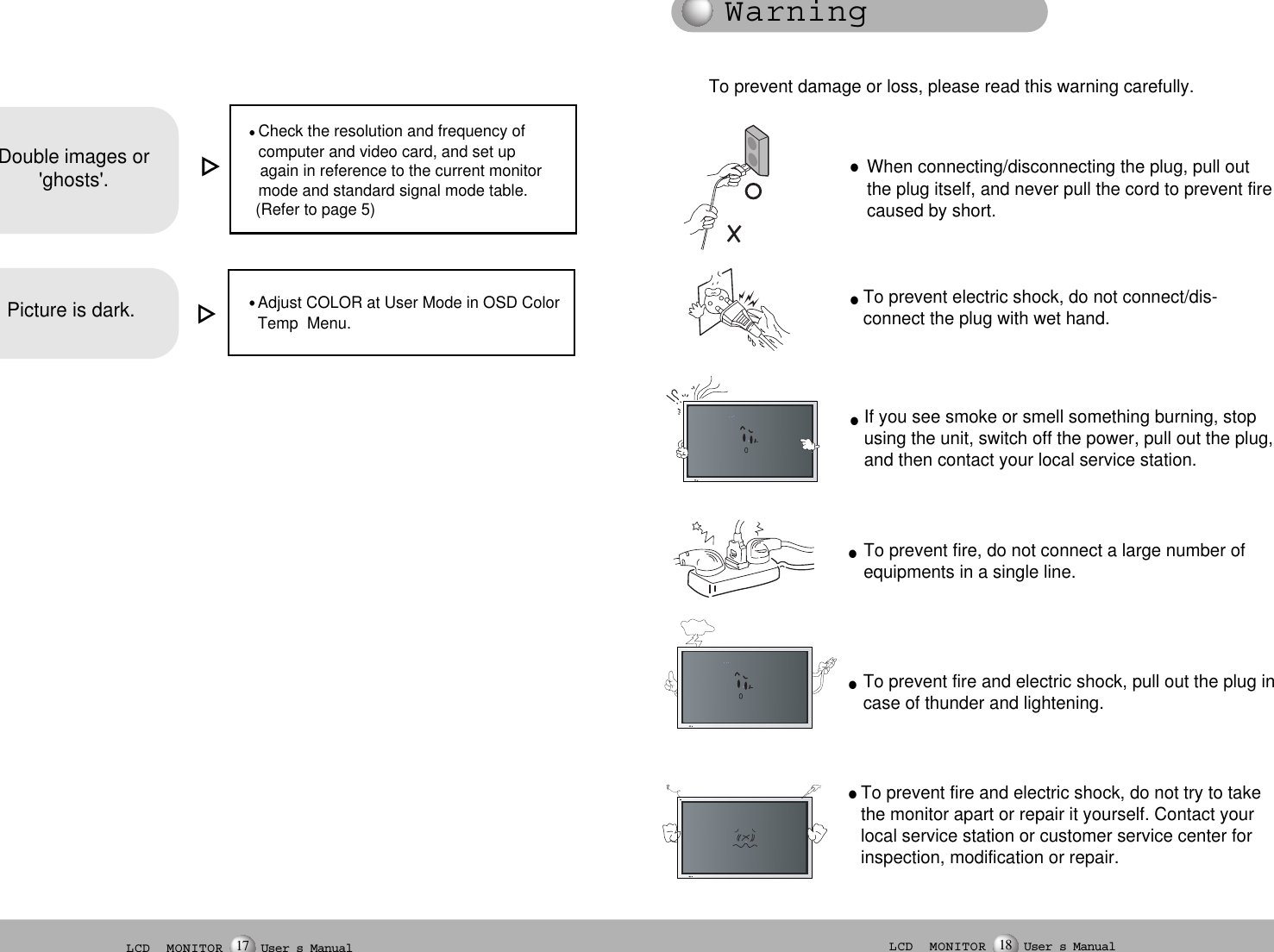 LCD  MONITOR User s Manual17 LCD  MONITOR User s Manual18WarningTo prevent damage or loss, please read this warning carefully.When connecting/disconnecting the plug, pull out the plug itself, and never pull the cord to prevent fire caused by short.To prevent electric shock, do not connect/dis-connect the plug with wet hand.To prevent fire, do not connect a large number ofequipments in a single line.To prevent fire and electric shock, pull out the plug incase of thunder and lightening.To prevent fire and electric shock, do not try to takethe monitor apart or repair it yourself. Contact yourlocal service station or customer service center forinspection, modification or repair.If you see smoke or smell something burning, stopusing the unit, switch off the power, pull out the plug,and then contact your local service station.Check the resolution and frequency of computer and video card, and set up again in reference to the current monitor mode and standard signal mode table.(Refer to page 5)Double images or&apos;ghosts&apos;.Adjust COLOR at User Mode in OSD Color Temp  Menu.Picture is dark.