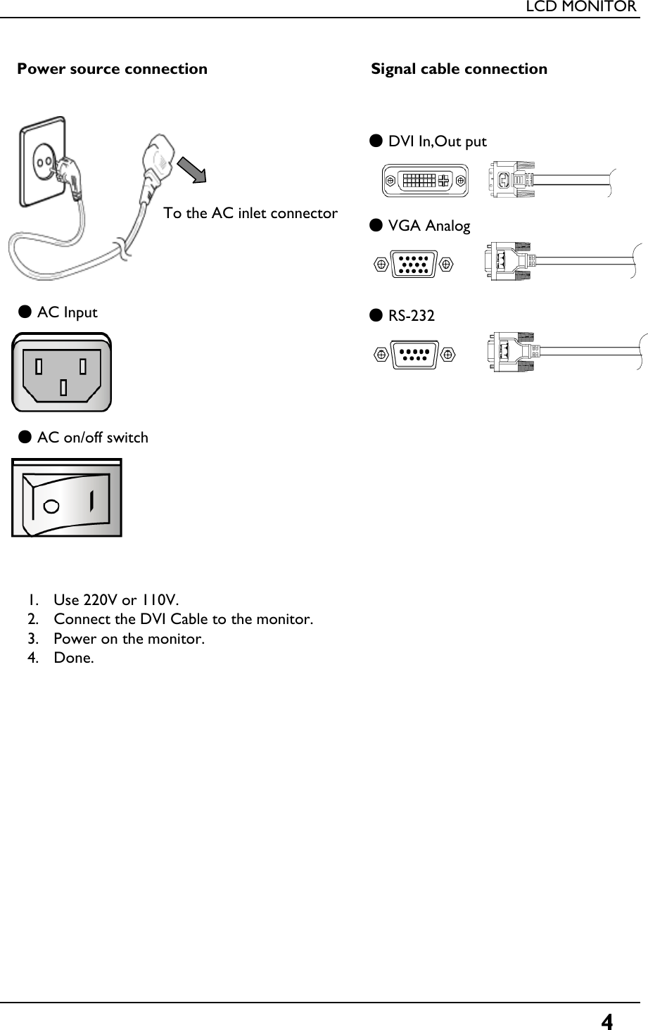 LCD MONITORPower source connection Signal cable connectiongTo the AC inlet connector●DVI In,Out put●AC InputTo the AC inlet connector●VGA Analog●RS-232●AC on/off switch1. Use 220V or 110V.2. Connect the DVI Cable to the monitor.3. Power on the monitor.4. Done.General Specification 4