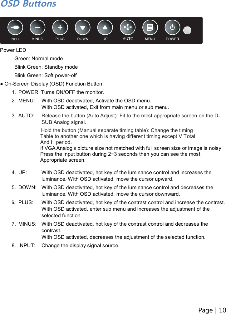 Page | 10   OSD Buttons   Power LED Green: Normal mode Blink Green: Standby mode Blink Green: Soft power-off ● On-Screen Display (OSD) Function Button 1.  POWER: Turns ON/OFF the monitor. 2.  MENU:    With OSD deactivated, Activate the OSD menu.   With OSD activated, Exit from main menu or sub menu. 3.  AUTO:    Release the button (Auto Adjust): Fit to the most appropriate screen on the D-SUB Analog signal.  Hold the button (Manual separate timing table): Change the timing   Table to another one which is having different timing except V Total   And H period.   If VGA Analog&apos;s picture size not matched with full screen size or image is noisy   Press the input button during 2~3 seconds then you can see the most   Appropriate screen.  4.  UP:    With OSD deactivated, hot key of the luminance control and increases the luminance. With OSD activated, move the cursor upward. 5.  DOWN:  With OSD deactivated, hot key of the luminance control and decreases the luminance. With OSD activated, move the cursor downward. 6.  PLUS:    With OSD deactivated, hot key of the contrast control and increase the contrast. With OSD activated, enter sub menu and increases the adjustment of the selected function. 7.  MINUS:    With OSD deactivated, hot key of the contrast control and decreases the contrast. With OSD activated, decreases the adjustment of the selected function. 8.  INPUT:    Change the display signal source.          