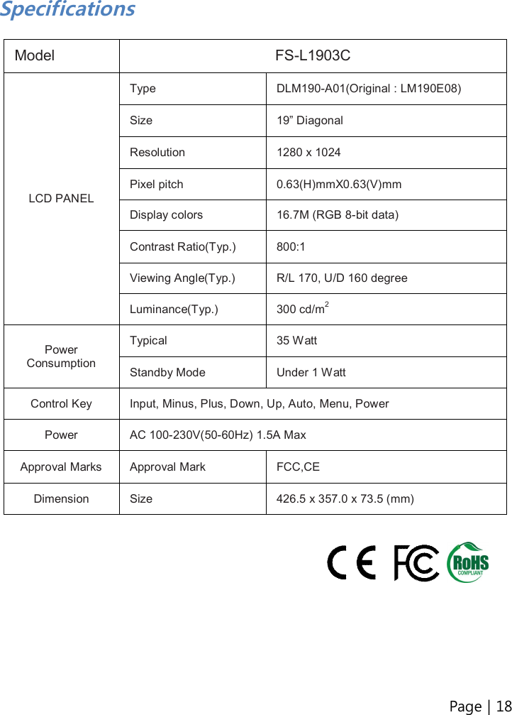 Page | 18   Specifications  Model  FS-L1903C LCD PANEL Type  DLM190-A01(Original : LM190E08) Size  19” Diagonal Resolution  1280 x 1024 Pixel pitch  0.63(H)mmX0.63(V)mm Display colors  16.7M (RGB 8-bit data) Contrast Ratio(Typ.)  800:1 Viewing Angle(Typ.)  R/L 170, U/D 160 degree Luminance(Typ.)  300 cd/m2 Power Consumption Typical  35 Watt Standby Mode  Under 1 Watt Control Key  Input, Minus, Plus, Down, Up, Auto, Menu, Power Power  AC 100-230V(50-60Hz) 1.5A Max Approval Marks  Approval Mark  FCC,CE Dimension  Size  426.5 x 357.0 x 73.5 (mm)           
