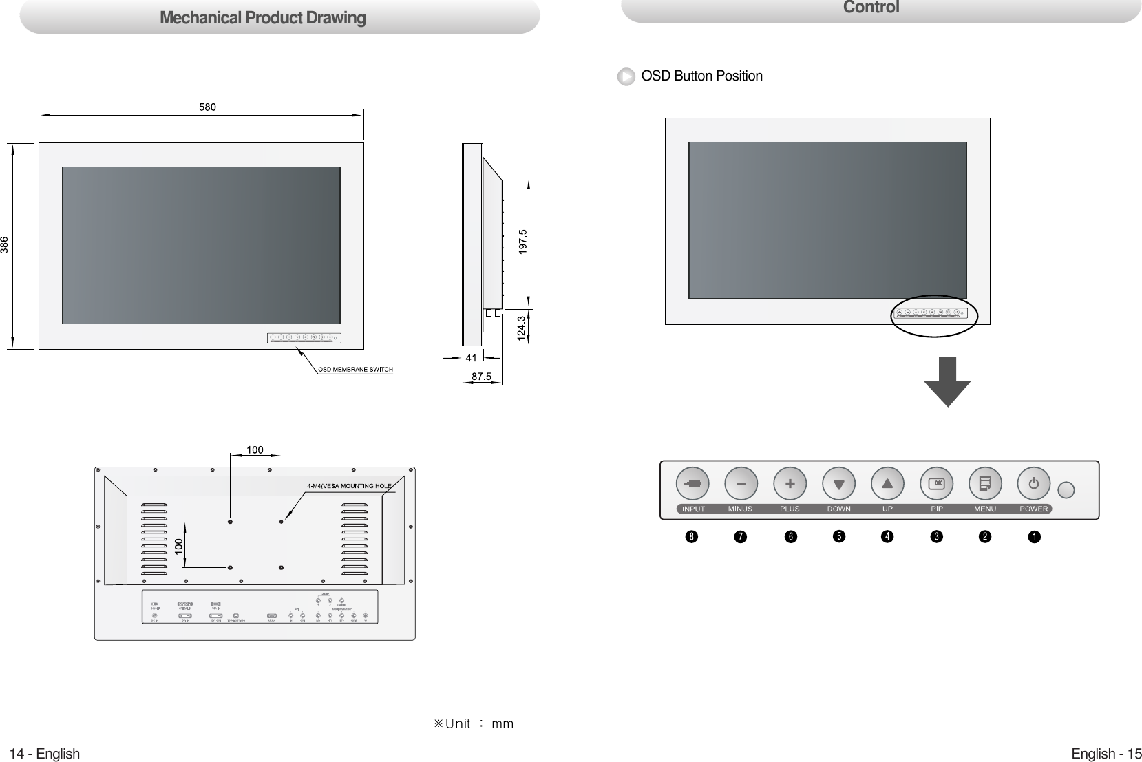 English - 1514 - EnglishOSD Button PositionControlMechanical Product Drawing