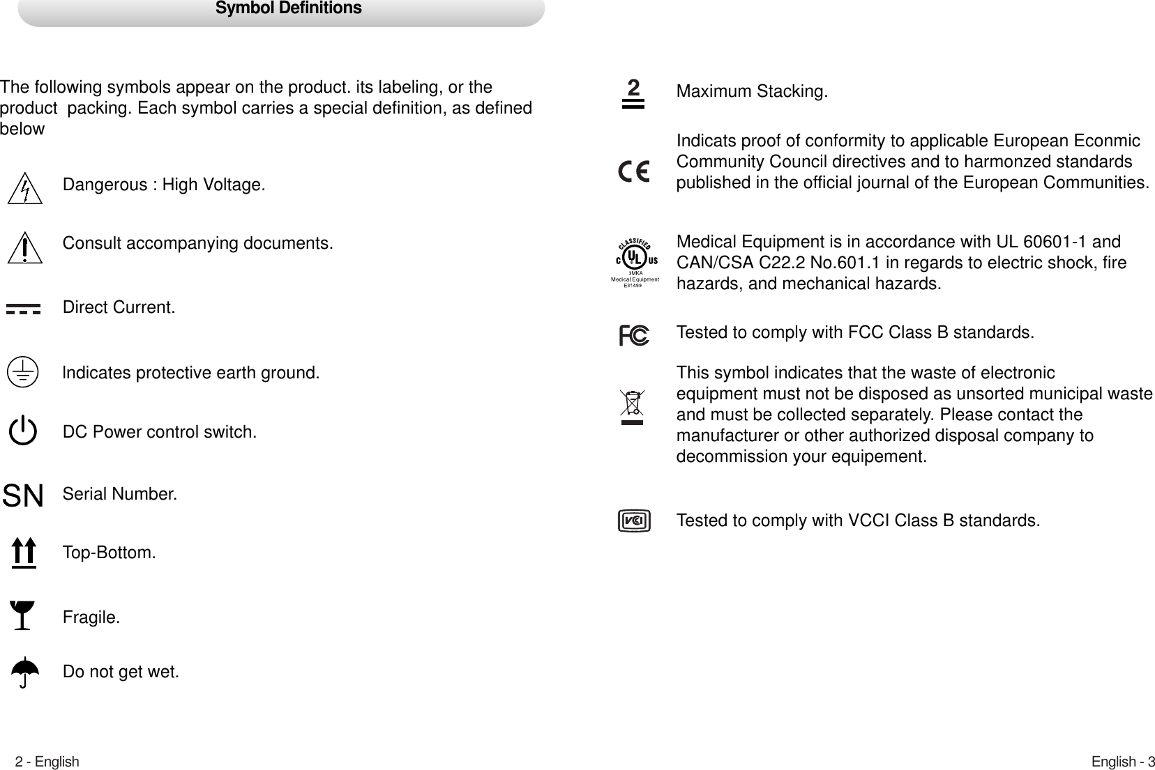 English - 32 - EnglishSymbol DefinitionsThe following symbols appear on the product. its labeling, or theproduct  packing. Each symbol carries a special definition, as definedbelowDangerous : High Voltage.Consult accompanying documents.Direct Current.lndicates protective earth ground.DC Power control switch.Serial Number.Top-Bottom.Fragile.Maximum Stacking.Indicats proof of conformity to applicable European EconmicCommunity Council directives and to harmonzed standards published in the official journal of the European Communities.Medical Equipment is in accordance with UL 60601-1 andCAN/CSA C22.2 No.601.1 in regards to electric shock, fire hazards, and mechanical hazards.Tested to comply with FCC Class B standards.This symbol indicates that the waste of electronic equipment must not be disposed as unsorted municipal wasteand must be collected separately. Please contact the manufacturer or other authorized disposal company to decommission your equipement.Do not get wet.Tested to comply with VCCI Class B standards.