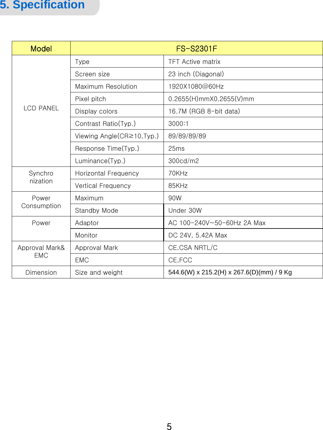 General Specification 5. SpecificationModel FS-S2301FLCD PANELType TFT Active matrixScreen size 23 inch (Diagonal)Maximum Resolution 1920X1080@60HzPixel pitch 0.2655(H)mmX0.2655(V)mmDisplay colors 16.7M (RGB 8-bit data)Contrast Ratio(Typ.) 3000:1Viewing Angle(CR≥10,Typ.) 89/89/89/89Response Time(Typ.) 25msLuminance(Typ.) 300cd/m2Synchro nizationHorizontal Frequency 70KHzVertical Frequency 85KHzPower ConsumptionMaximum 90WStandby Mode Under 30WPower Adaptor AC 100-240V~50-60Hz 2A MaxMonitor DC 24V, 5.42A MaxApproval Mark&amp; EMCApproval Mark CE,CSA NRTL/CEMC CE,FCCDimension Size and weight 544.6(W) x 215.2(H) x 267.6(D)(mm) / 9 Kg5