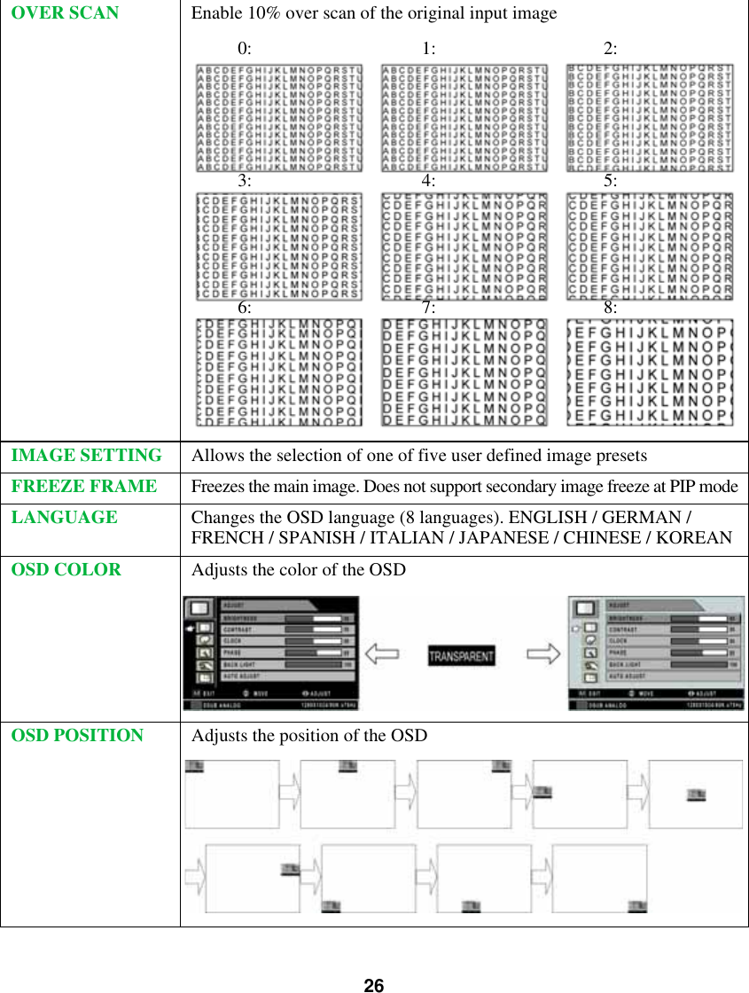 26OVER SCAN Enable 10% over scan of the original input imageIMAGE SETTING Allows the selection of one of five user defined image presetsFREEZE FRAME Freezes the main image. Does not support secondary image freeze at PIP modeLANGUAGE Changes the OSD language (8 languages). ENGLISH / GERMAN / FRENCH / SPANISH / ITALIAN / JAPANESE / CHINESE / KOREANOSD COLOR Adjusts the color of the OSDOSD POSITION Adjusts the position of the OSD0: 1: 2:3: 4: 5:6: 7: 8: