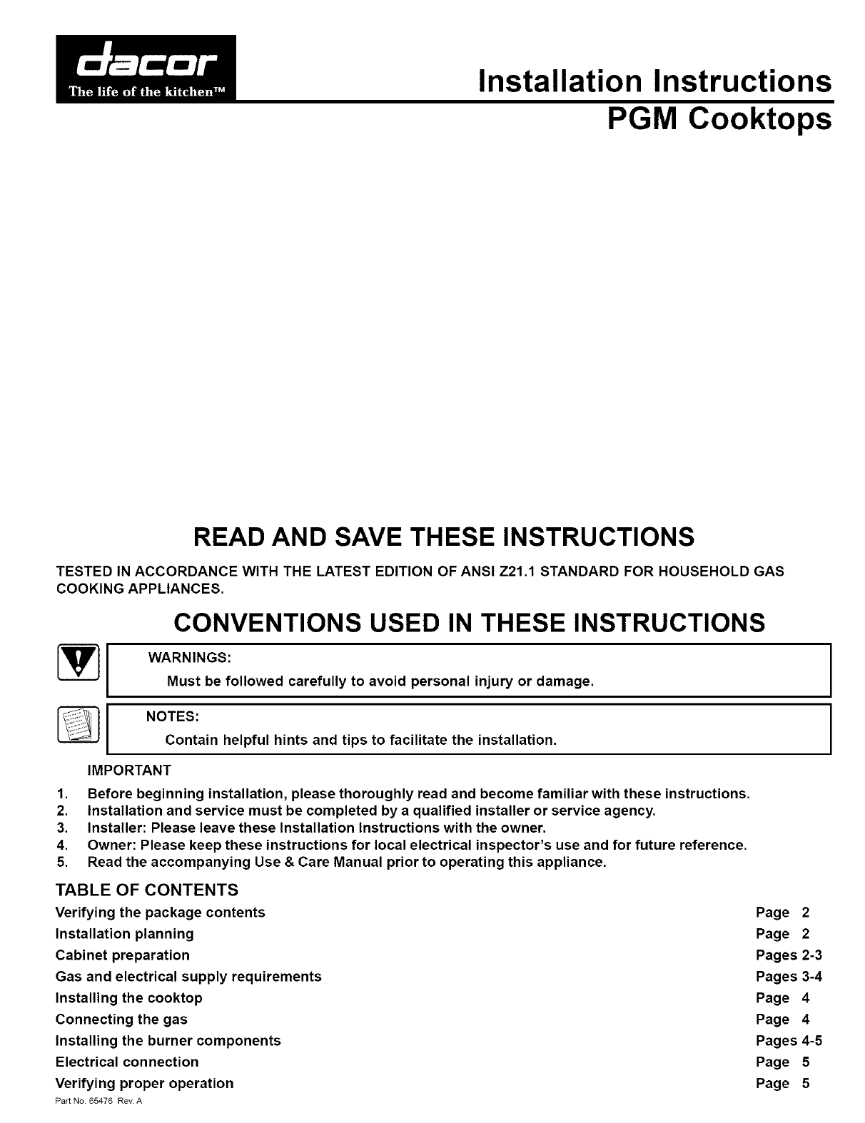 Dacor Counter Unit Gas Manual L0520474