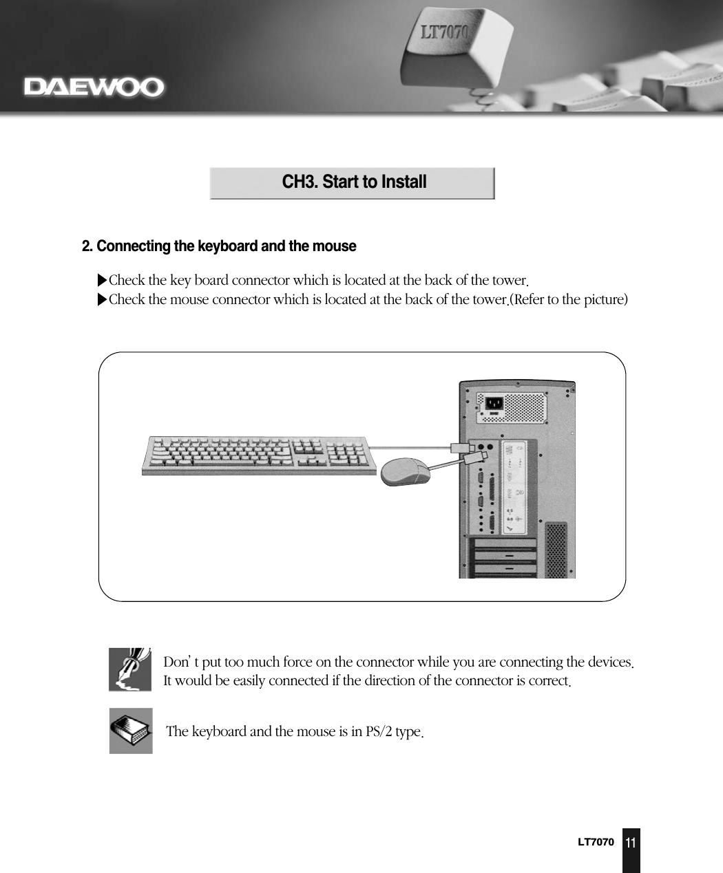 LT707011CH3. Start to Install2. Connecting the keyboard and the mouse