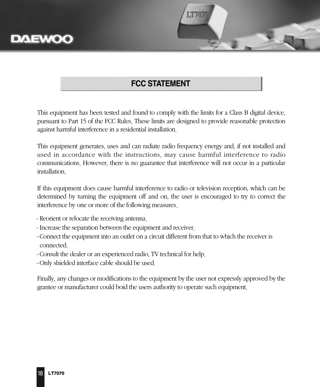 LT707018FCC STATEMENT                     